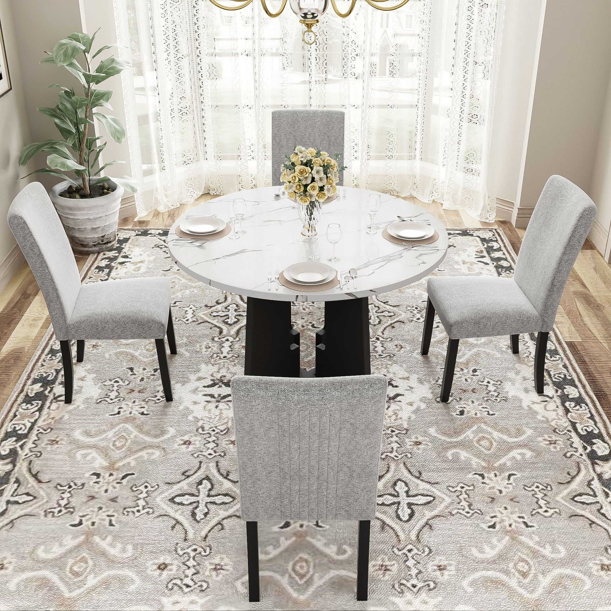 5 Piece Round Dining Table Set, Dining Table And 4 Upholstered Chairs For Dining Room, Kitchen Room, Living Room - White / Gray - Best Buy Furniture