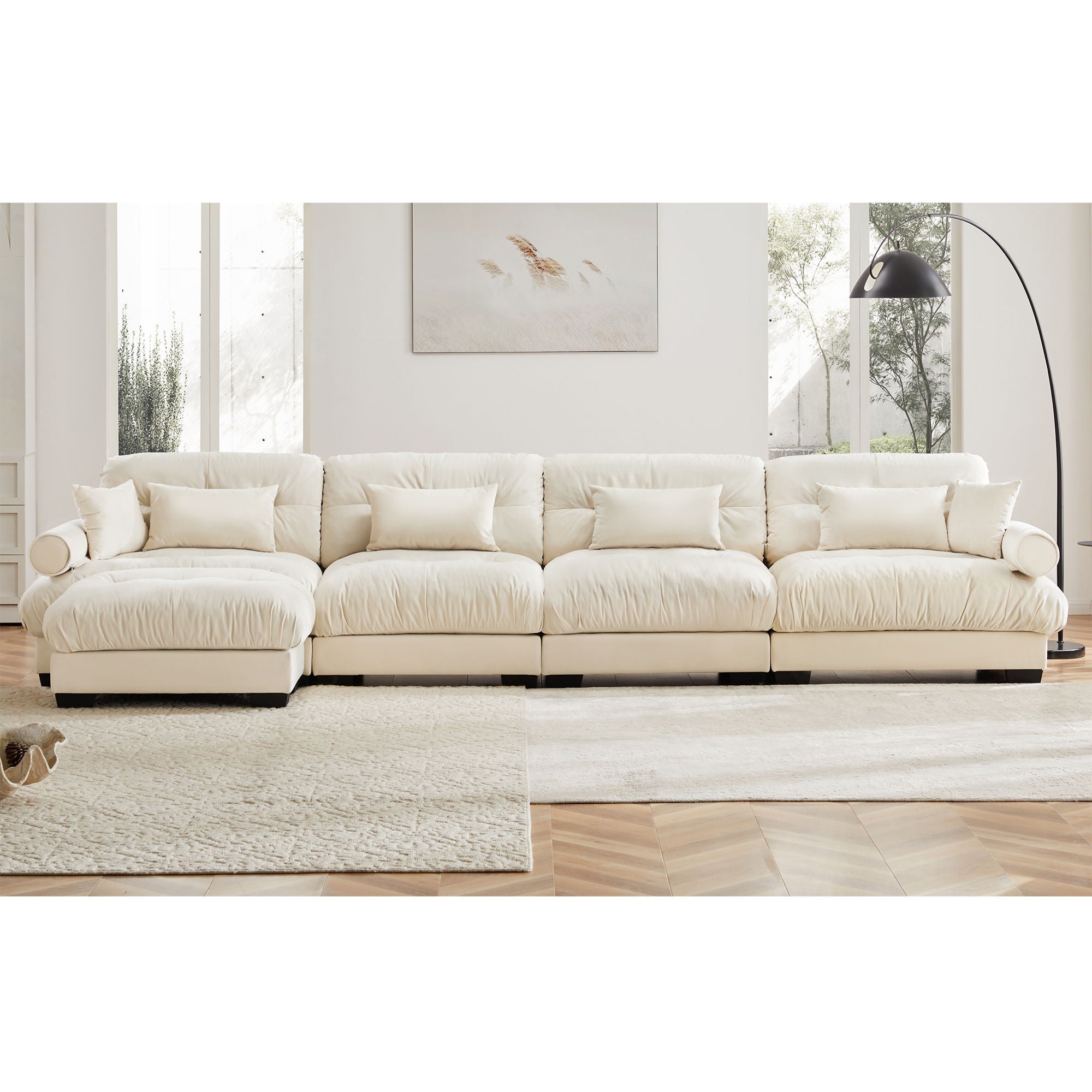 Modern Sectional Sofa With Ottoman, Round Bolster Armrests, Waist And Throw Pillows