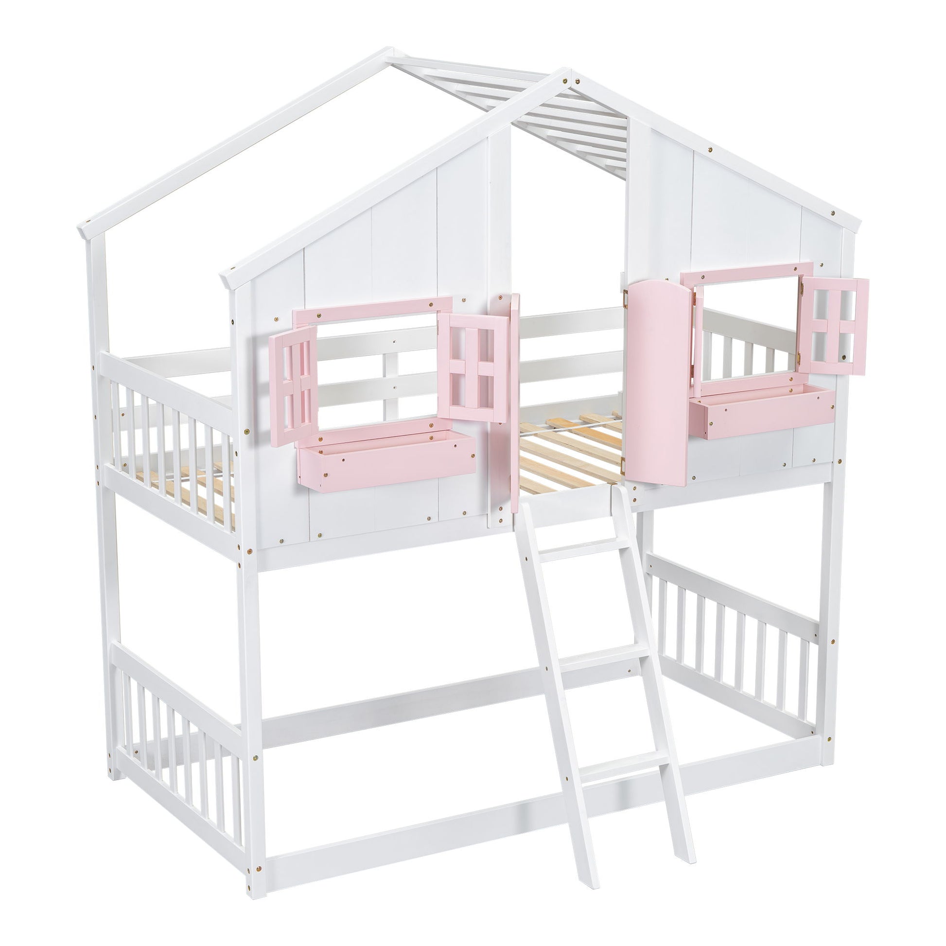 House Bunk Bed With Roof, Window, Window Box, Door, With Safety Guardrails And Ladder - Best Buy Furniture