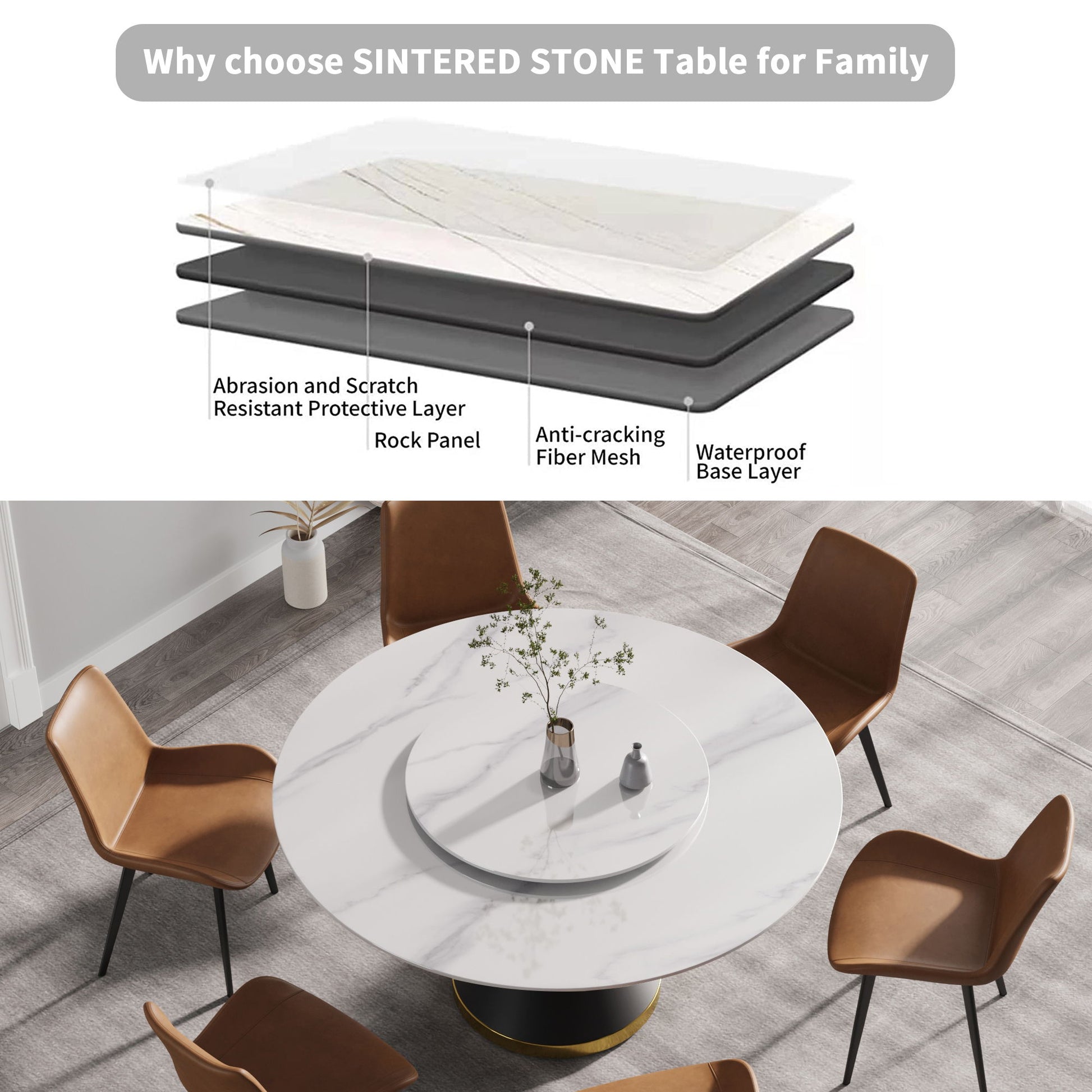 Modern Artificial Stone Round Carbon Steel Base Dining Table Stone Turntable - Best Buy Furniture