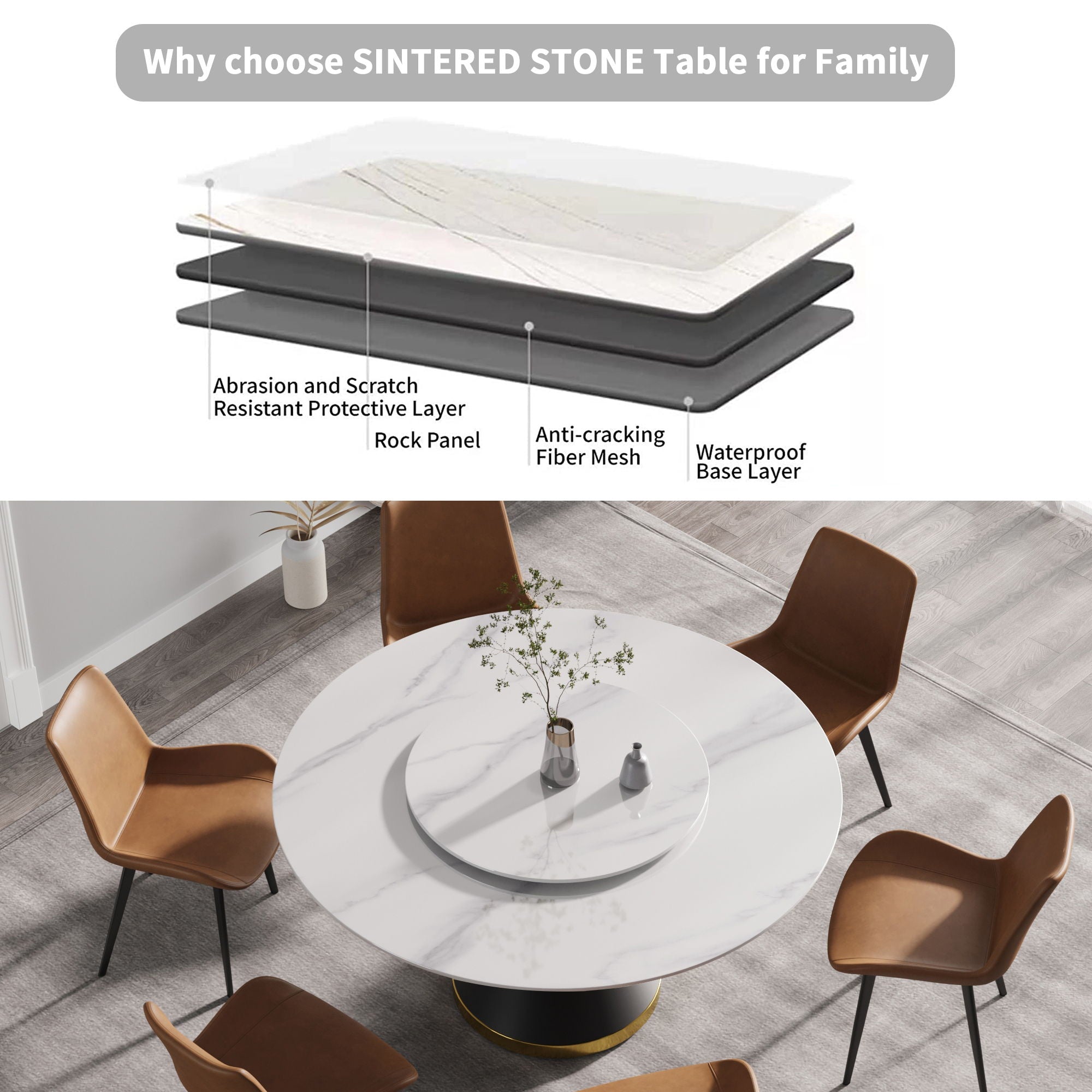 Modern Artificial Stone Round Carbon Steel Base Dining Table Stone Turntable - Best Buy Furniture