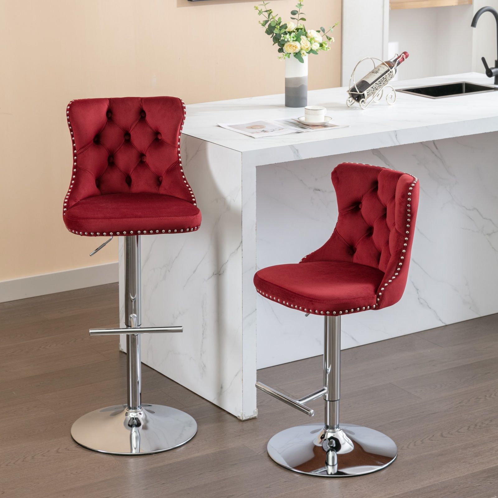Swivel Velvet Barstools Adjusatble Seat Height From 25-33", Modern Upholstered Chrome Base Bar Stools With Backs Comfortable Tufted For Home Pub And Kitchen Island (Set of 2) - Best Buy Furniture