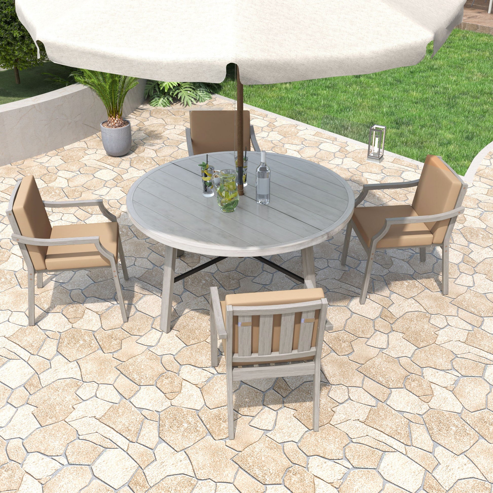 Outdoor Wooden Dinning Set With An Umbrella Hole And Removable Cushions For Patio - Best Buy Furniture