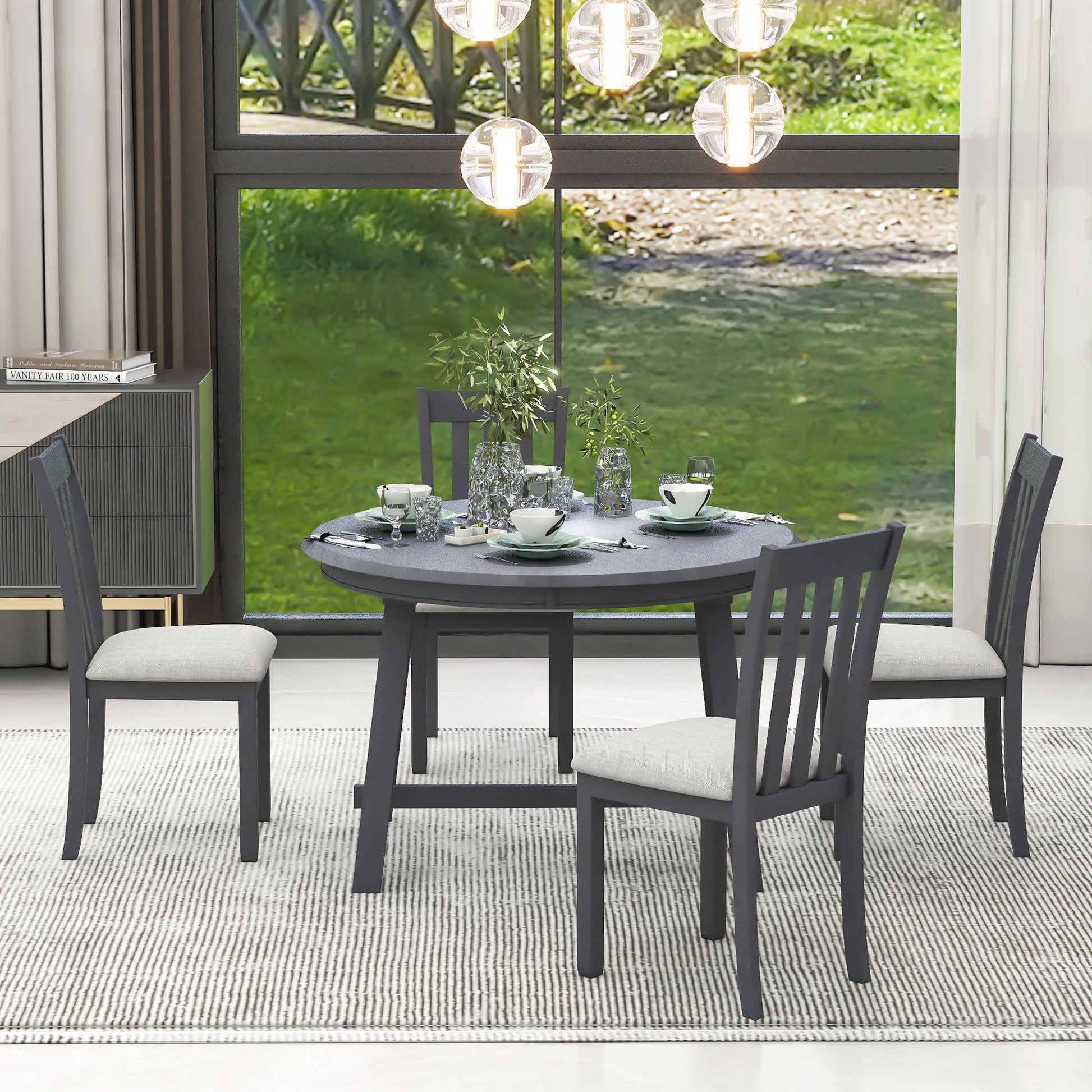 5 Piece Wood Dining Table Set With Extendable Round Table And 4 Chairs - Best Buy Furniture