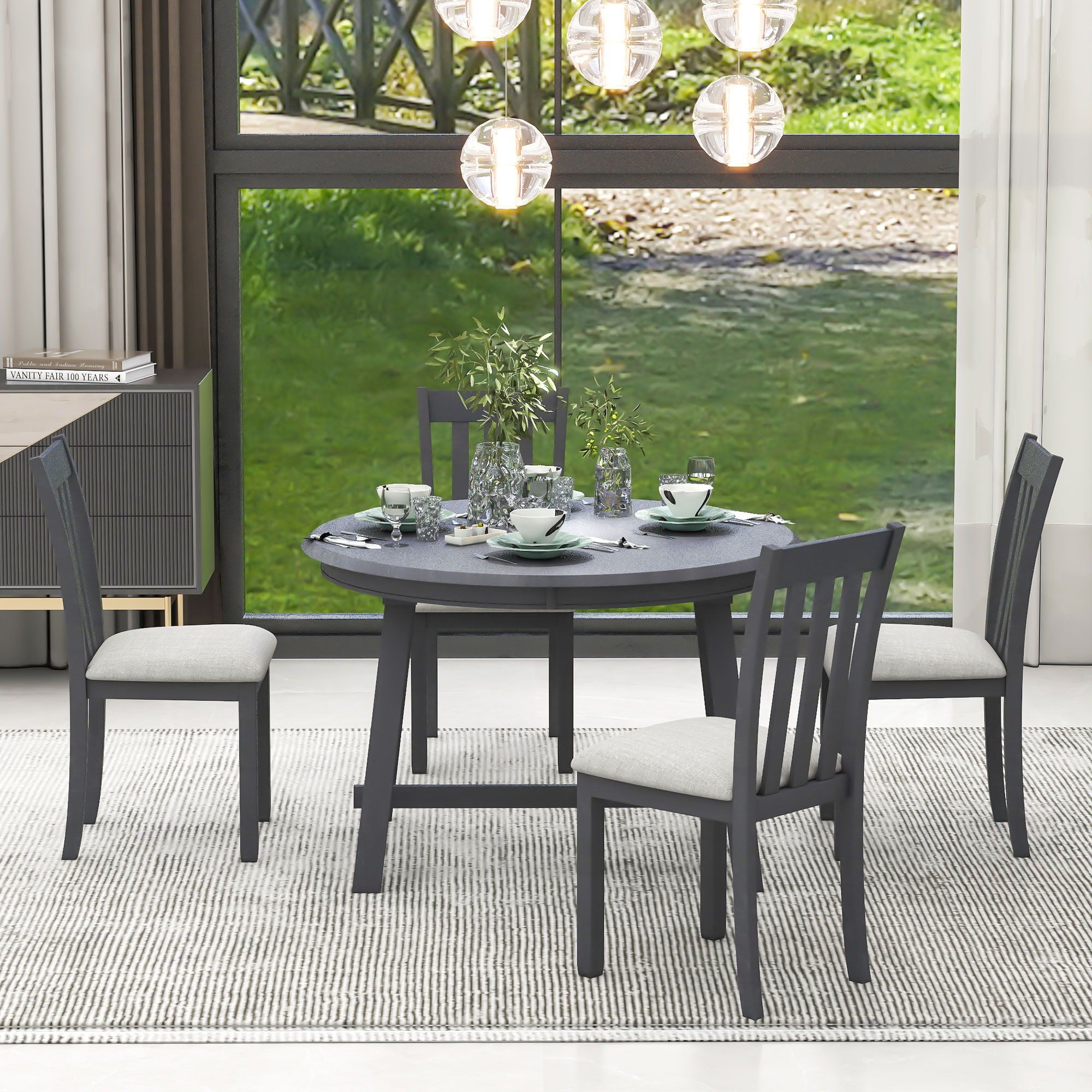 5 Piece Wood Dining Table Set With Extendable Round Table And 4 Chairs - Best Buy Furniture