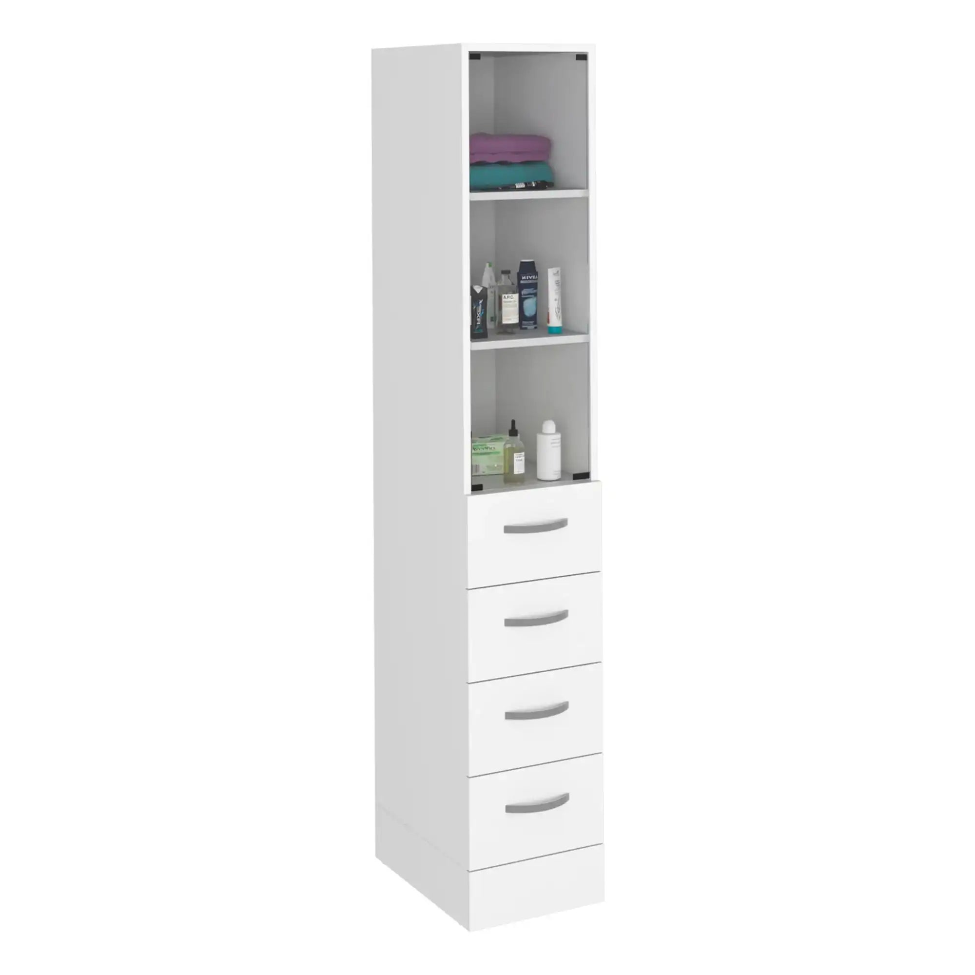 Linen Cabinet, 3 Shelves, 4 Drawers And Metal Handles - White - Best Buy Furniture