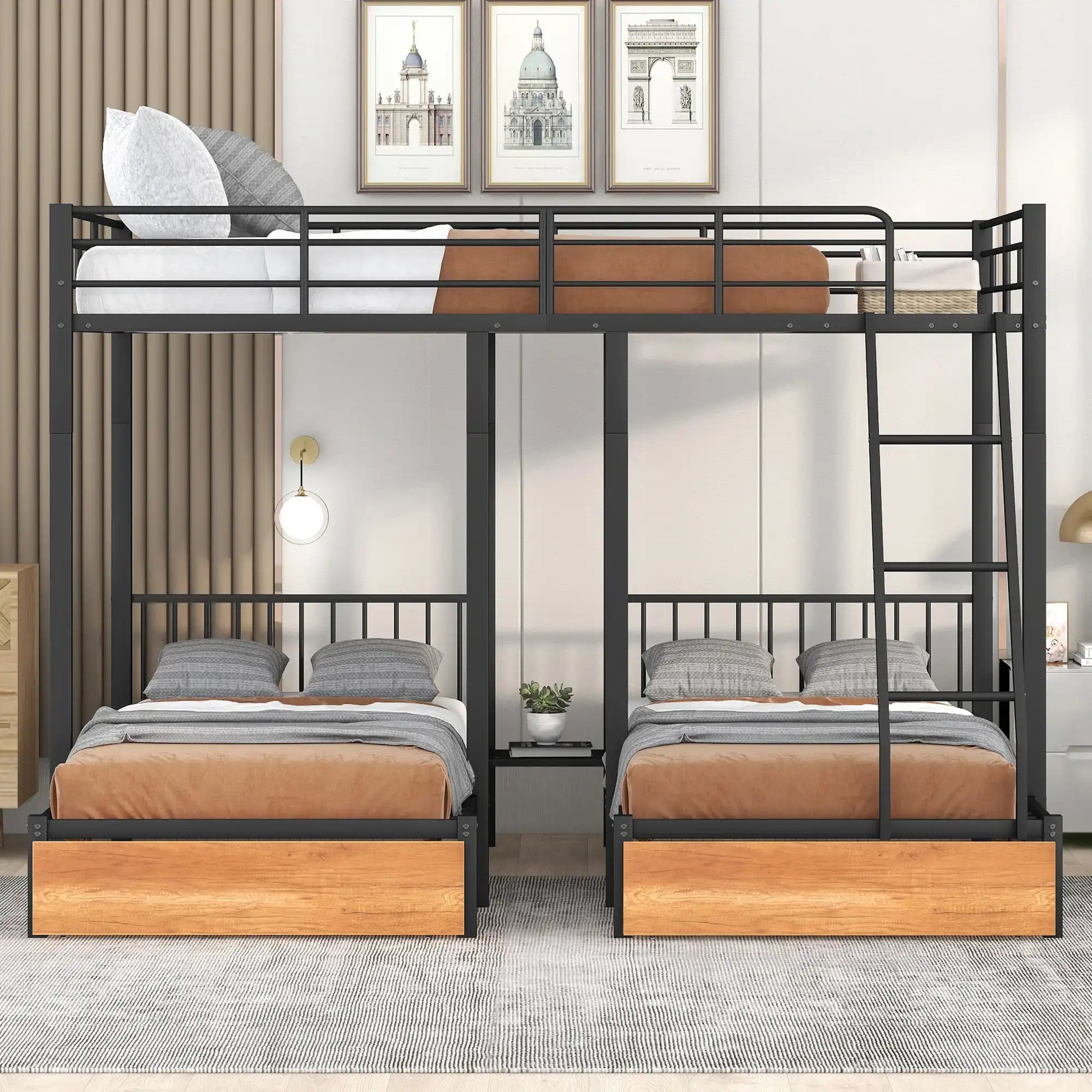 Full Over Twin & Twin Bunk Bed, Metal Triple Bunk Bed with Drawers and Guardrails, Black - Best Buy Furniture