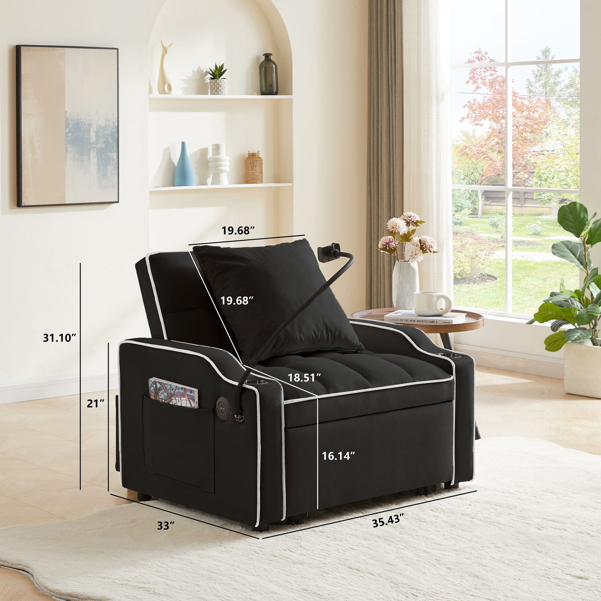 Convertible Velvet 3 In 1 Sofa Bed With Adjustable Sleeper Chair And Multi Pockets - Best Buy Furniture