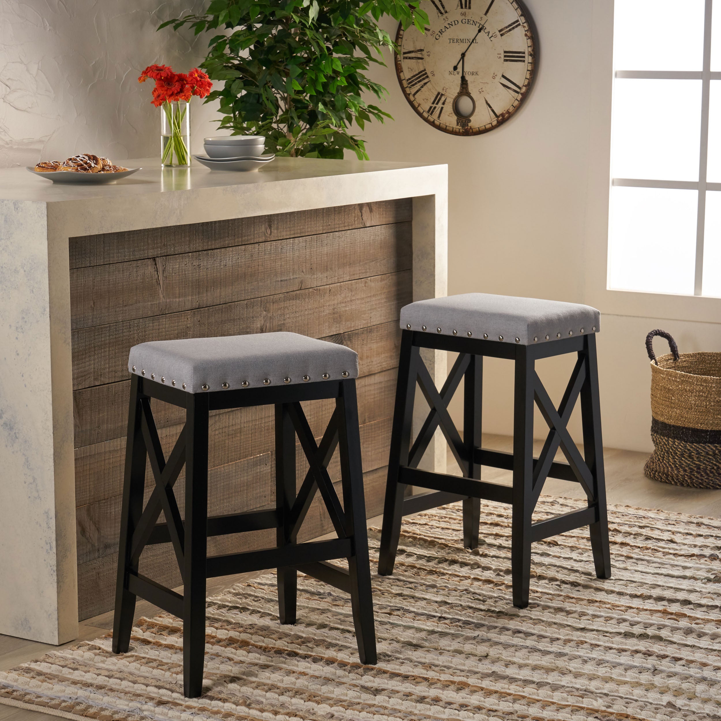 Greely Saddle Barstool Set with Fabric Upholstery in Light Grey and Wood Construction - Best Buy Furniture