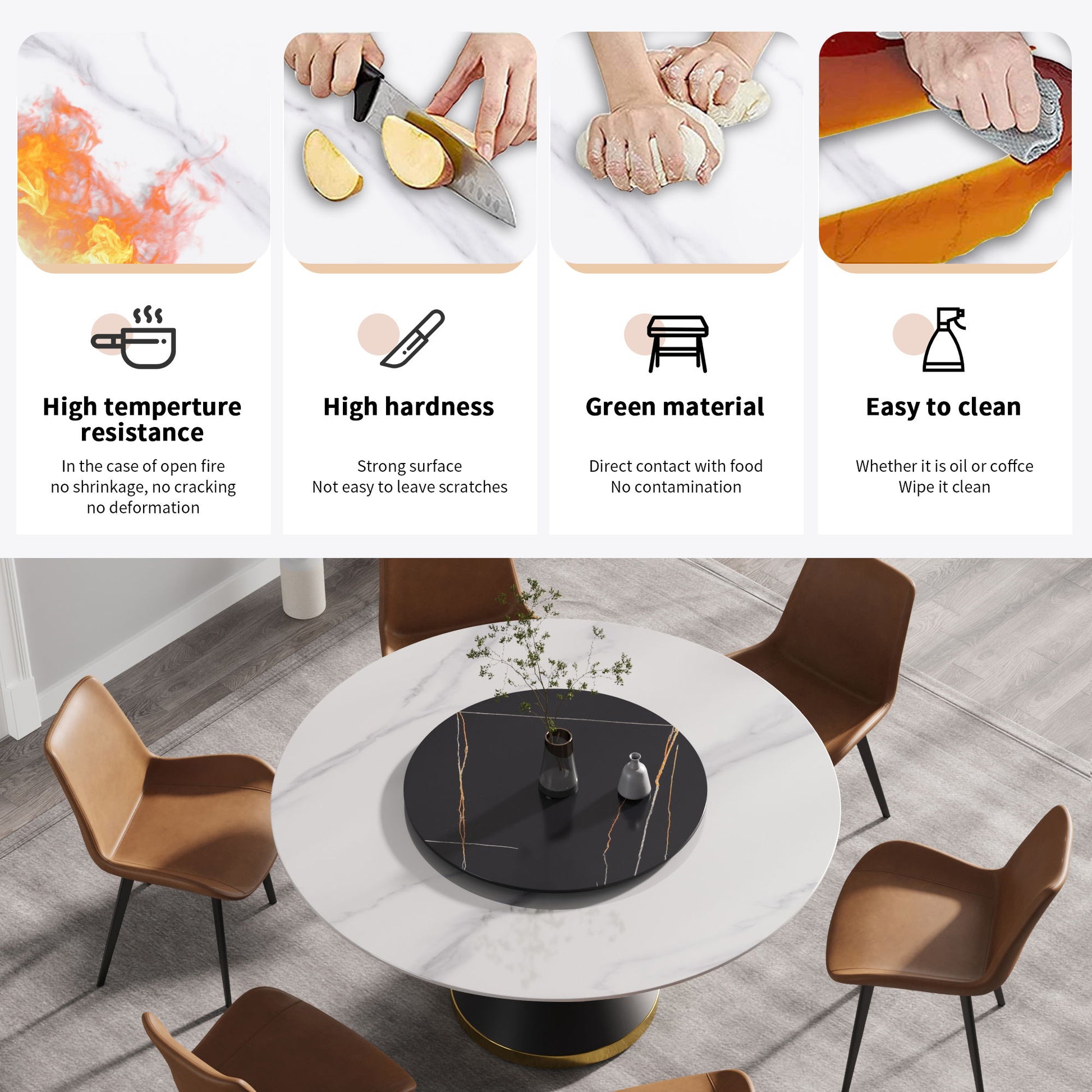 Modern Artificial Stone Round Carbon Steel Base Dining Table, Artificial Stone Turntable - Best Buy Furniture