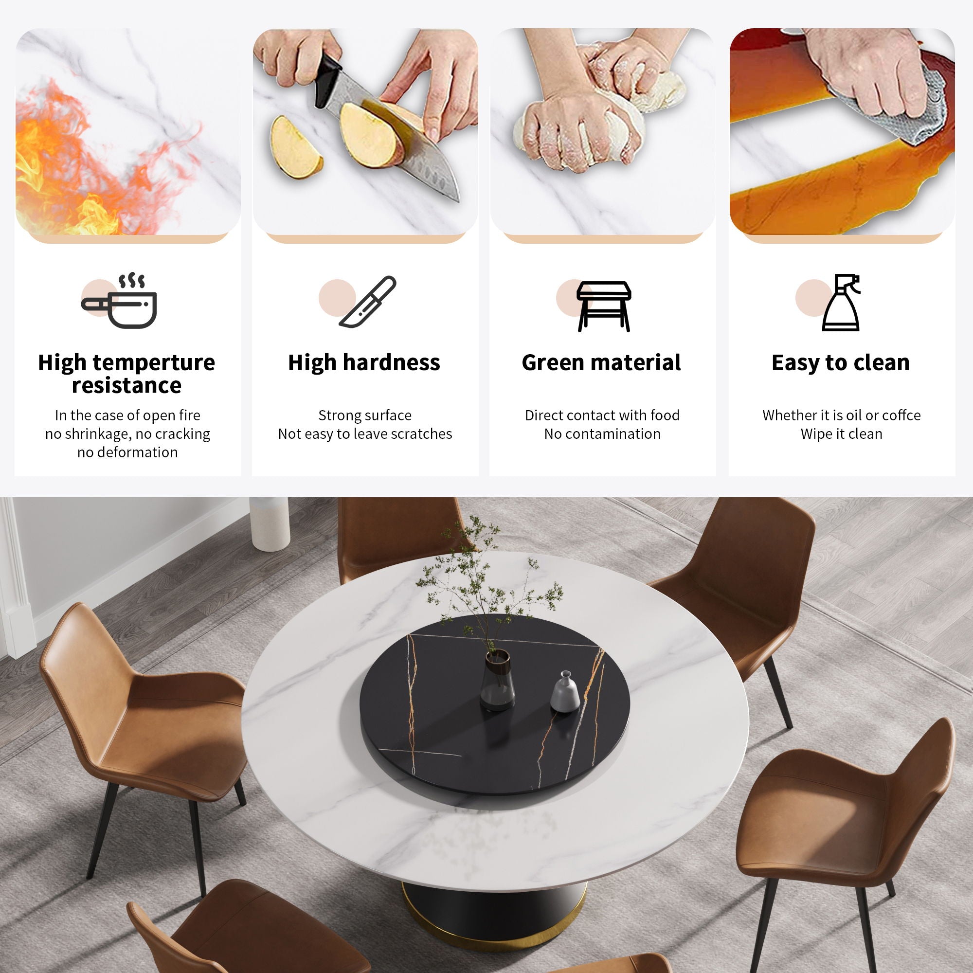 Modern Artificial Stone Round Carbon Steel Base Dining Table, Artificial Stone Turntable - Best Buy Furniture