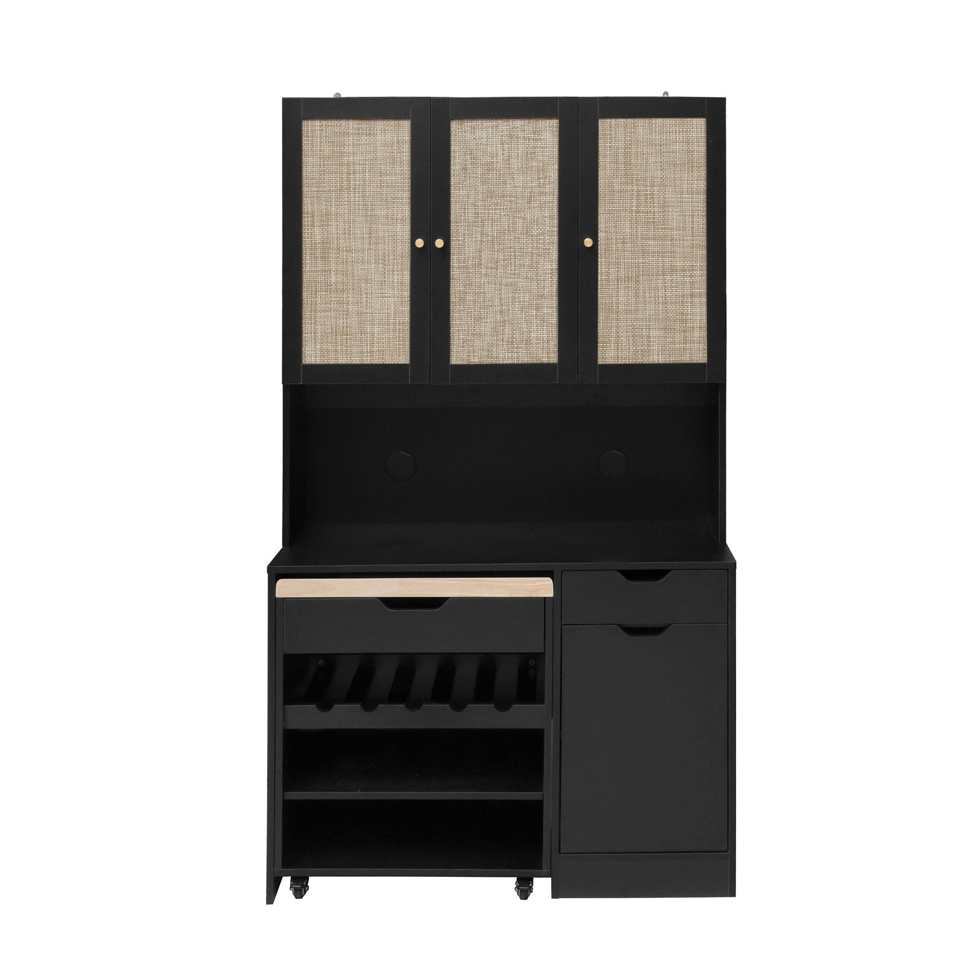Kitchen Pantry Storage Cabinet, Modern Buffet Cabinet With Kitchen Cart, Tall Kitchen Hutch Cabinet With Microwave Stand, Food Pantry Cabinet With 3 Rattan Doors And Adjustable Shelves - Black - Best Buy Furniture