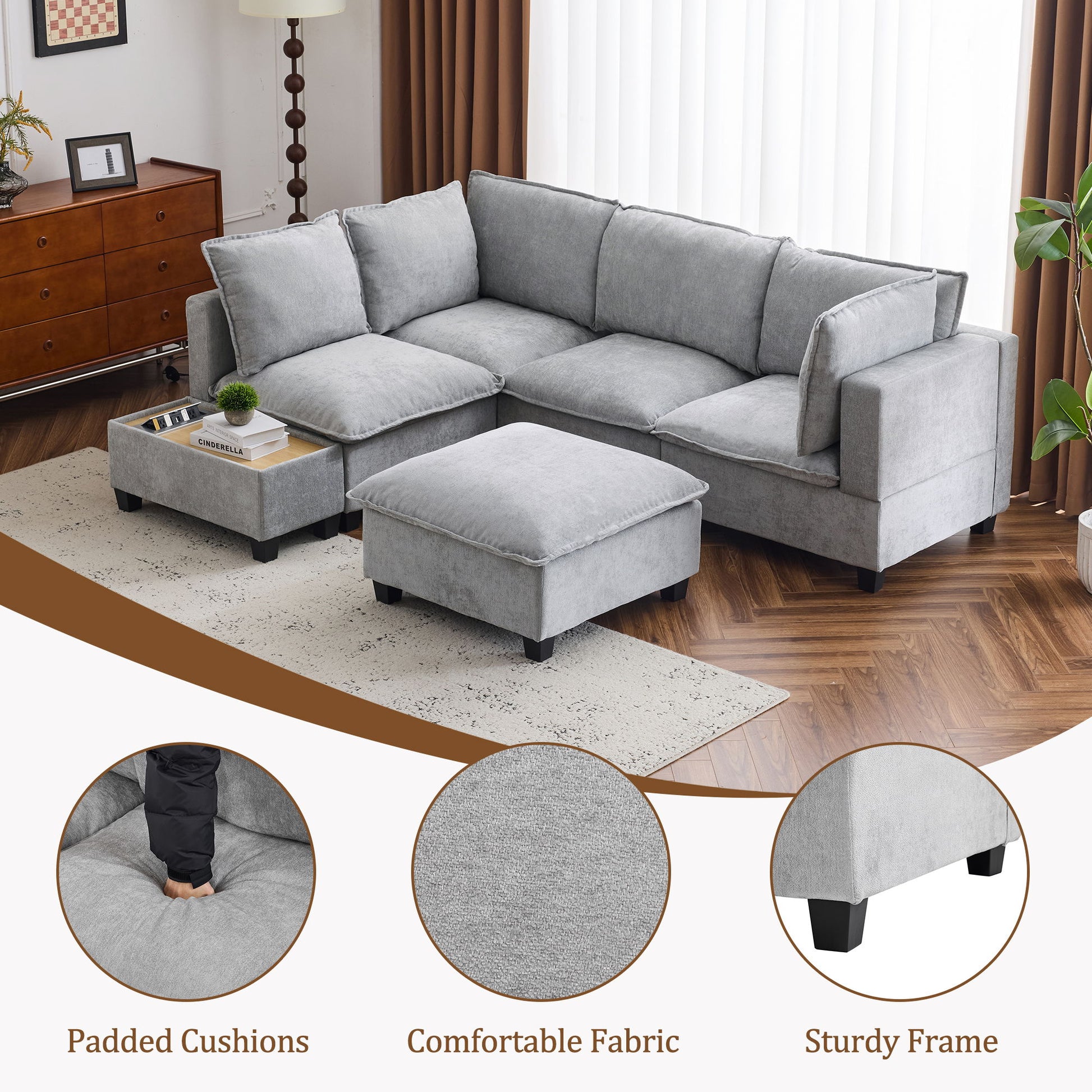 U-Shaped Sectional Modular Sofa With A Movable Ottoman, A Coffee Table With Hidden Charging Devices For Living Room - Best Buy Furniture
