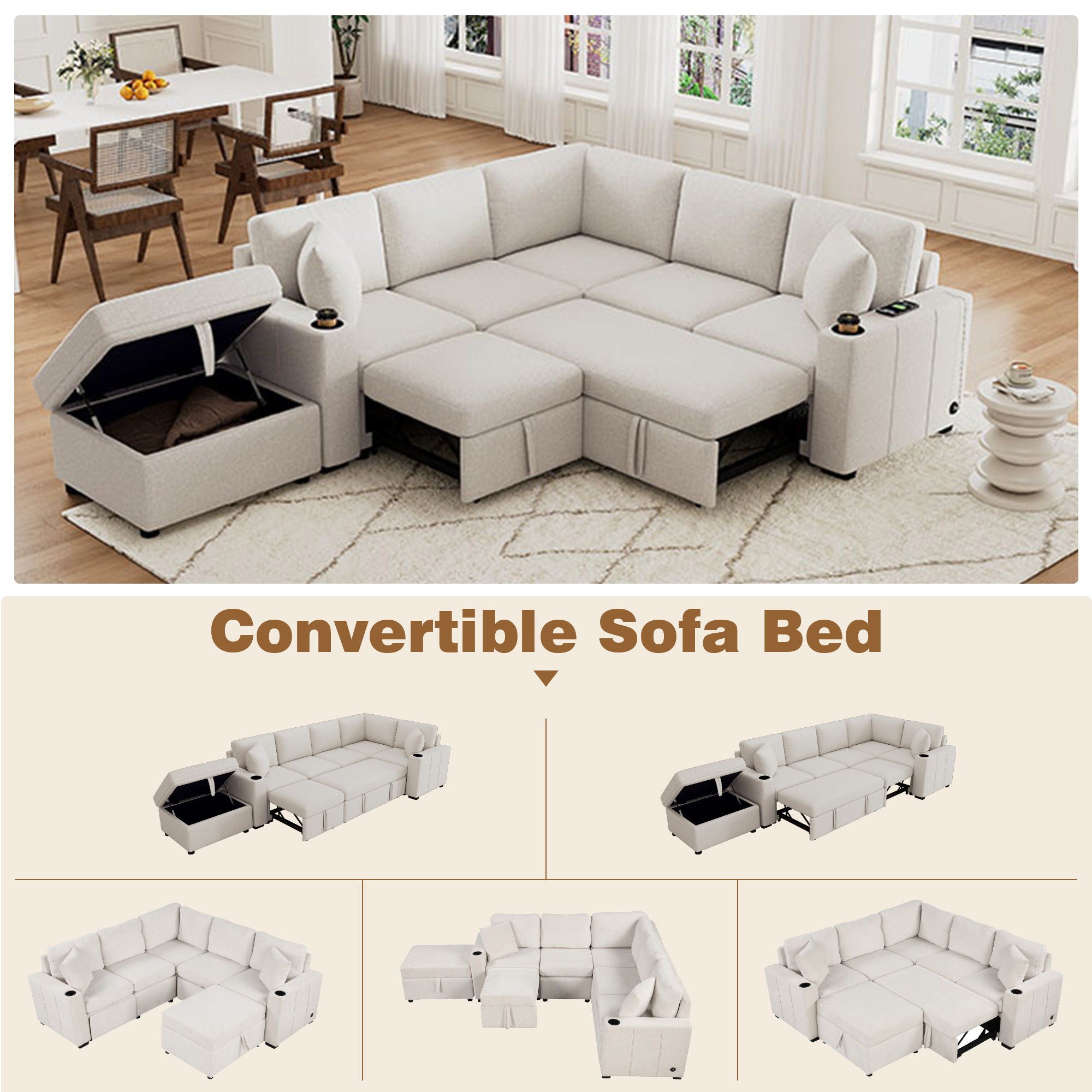 Sectional Sofa Convertible Pull-Out Sofa Bed With A Movable Storage Ottoman For Living Room - Best Buy Furniture