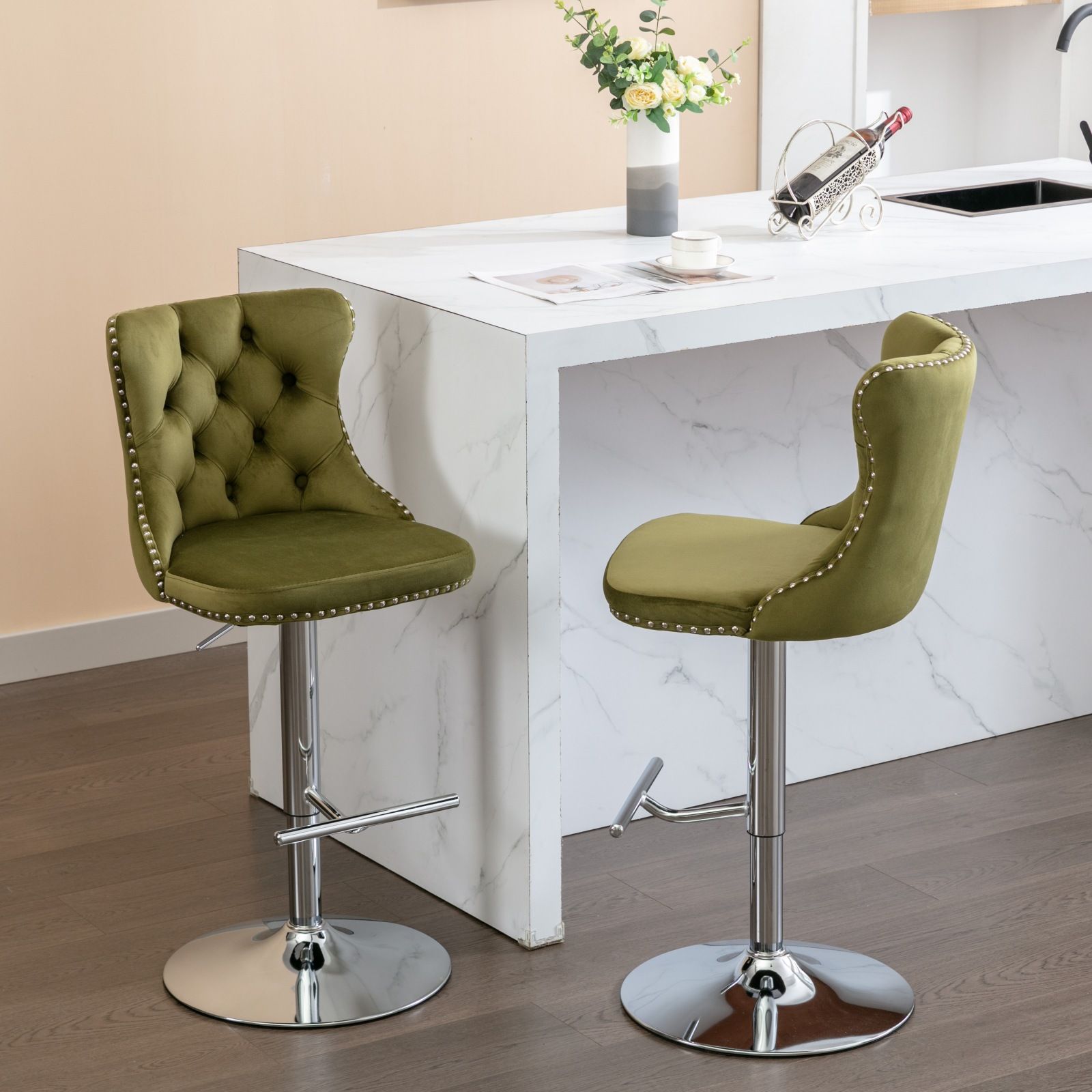 Swivel Velvet Barstools Adjusatble Seat Height From 25-33", Modern Upholstered Chrome Base Bar Stools With Backs Comfortable Tufted For Home Pub And Kitchen Island (Set of 2) - Best Buy Furniture