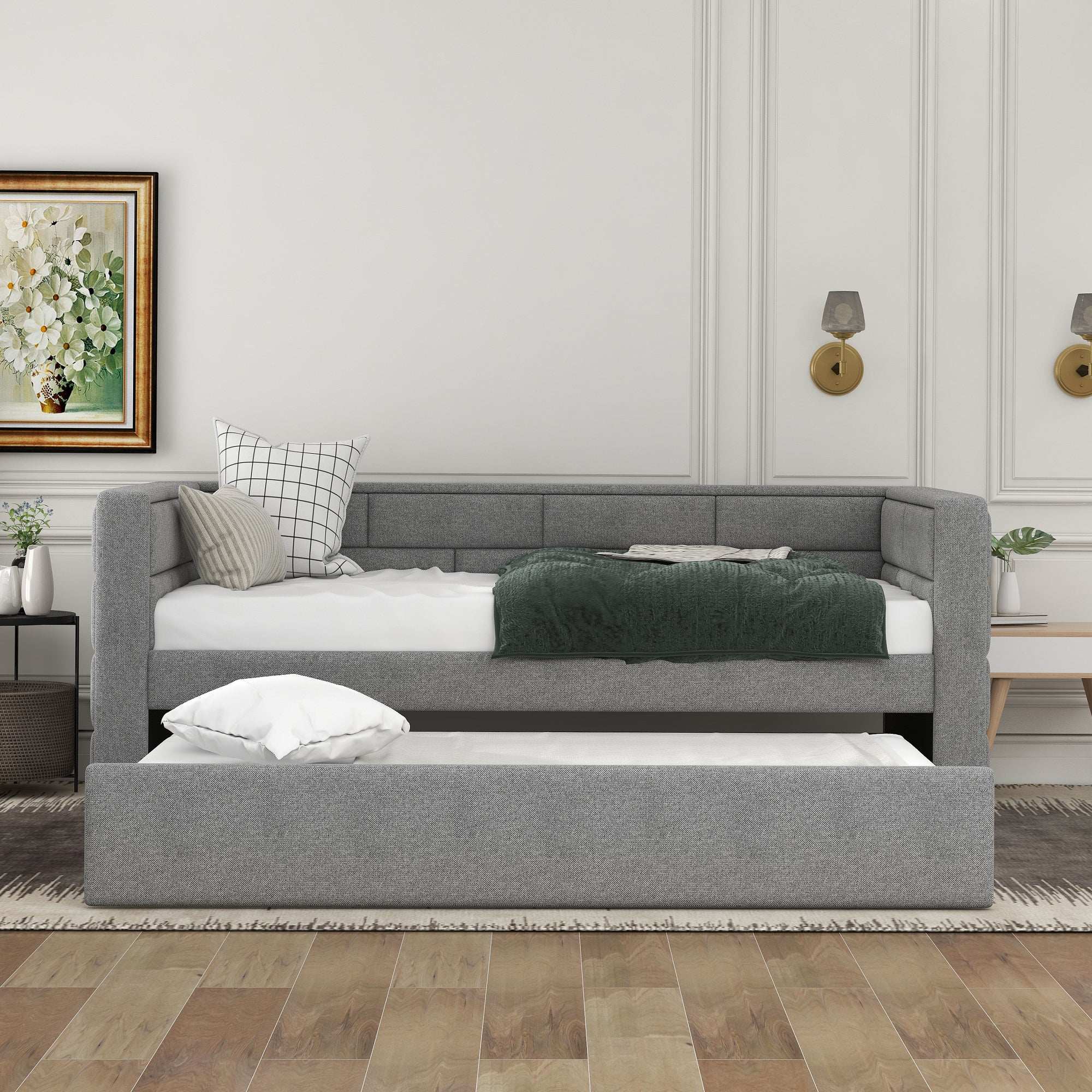 Twin Size Daybed with Trundle, Upholstered Daybed with Padded Back, Gray - Best Buy Furniture