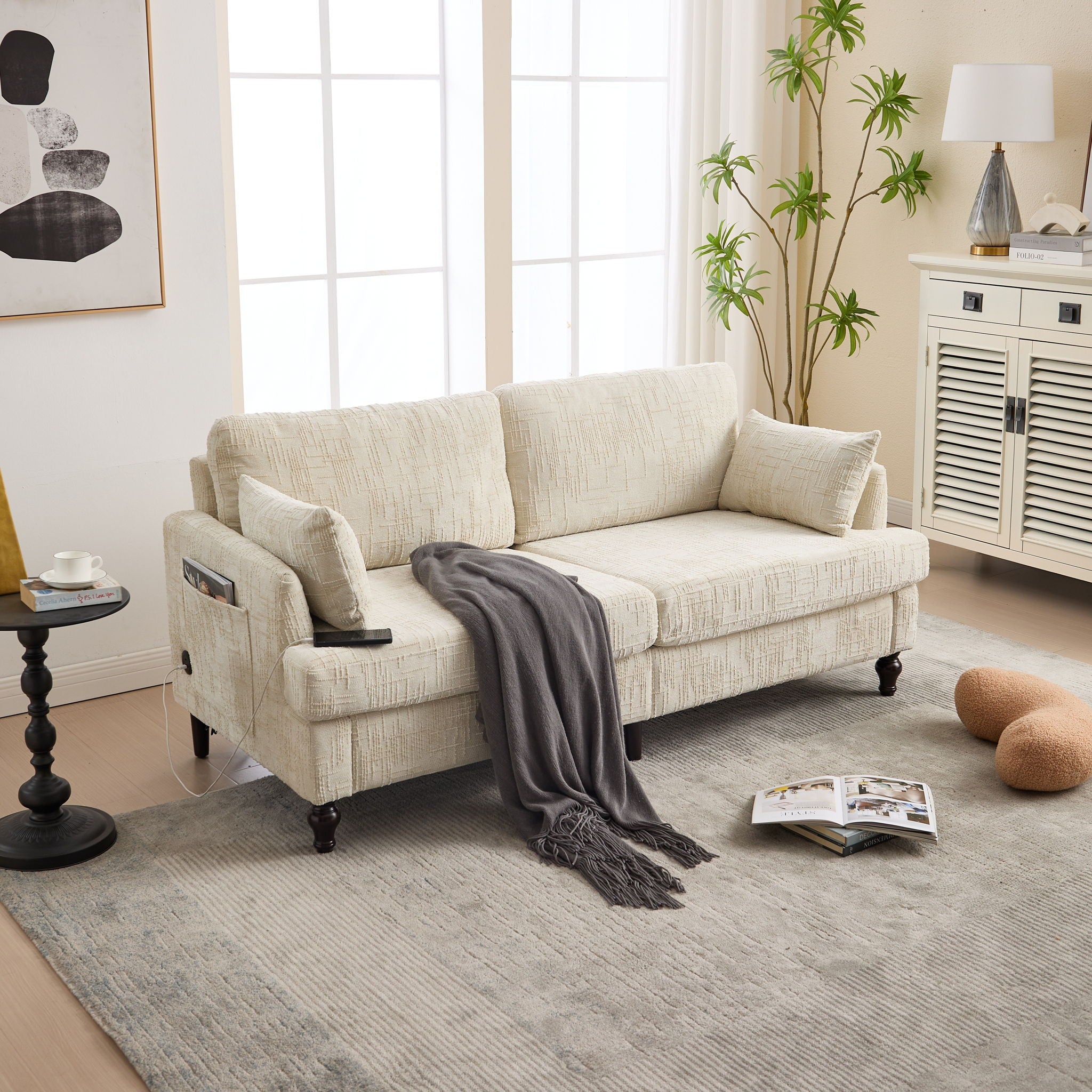 Chenille 2 Seater Sofa With LED Light, USB Charging Port, And Storage Bag - Best Buy Furniture