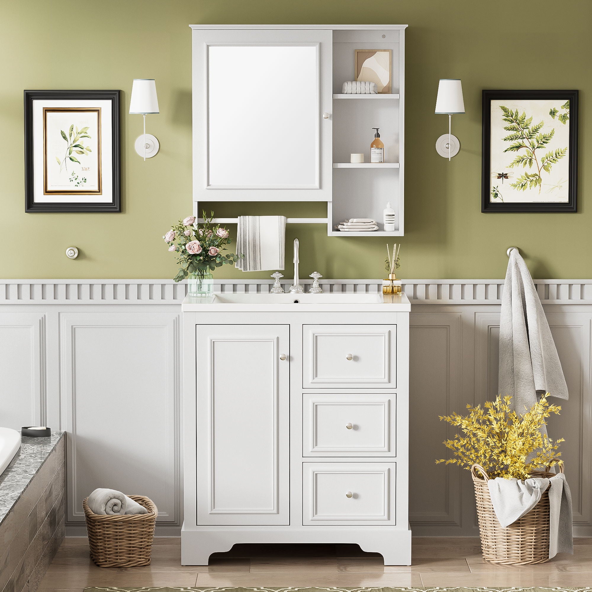 Bathroom Vanity With Sink, Modern Elegant Bathroom Storage Cabinet With 3 Drawers And Adjustable Shelves, Freestanding Vanity Set With Mirror Cabinet, Single Sink Bathroom Vanity - Best Buy Furniture