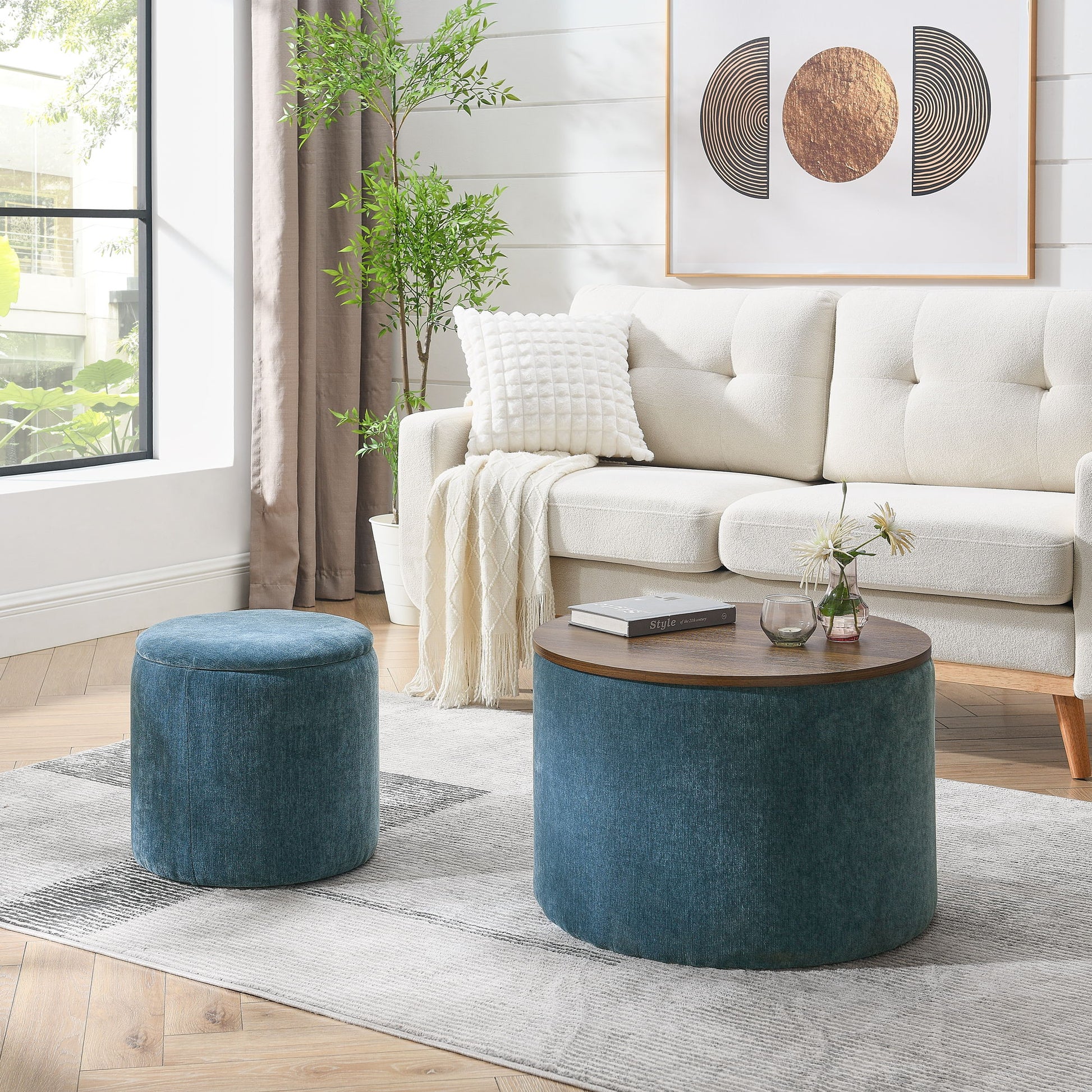 Classic 2 Piece Round Storage Ottoman Set With Drum Shaped Stool - Best Buy Furniture