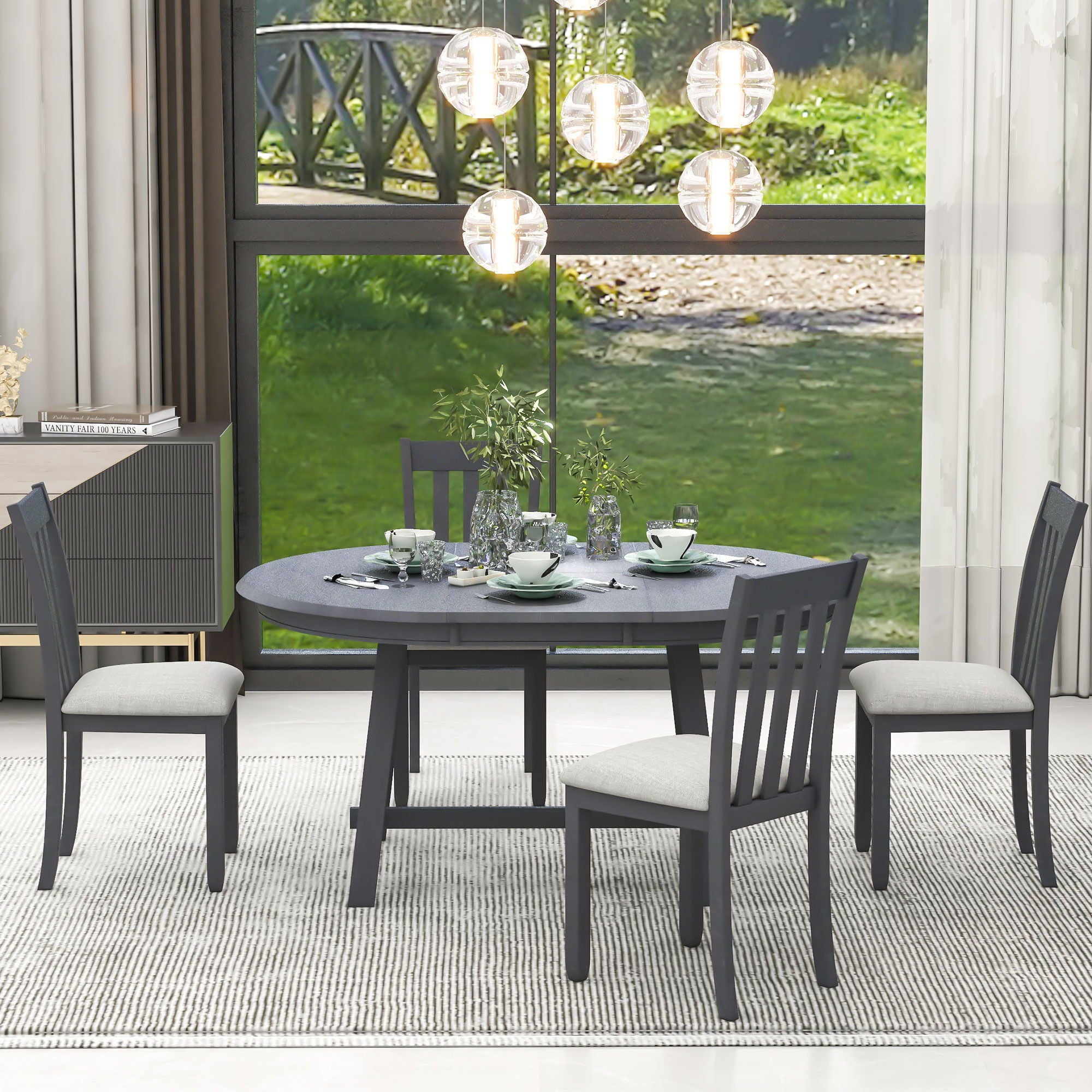 5 Piece Wood Dining Table Set With Extendable Round Table And 4 Chairs - Best Buy Furniture