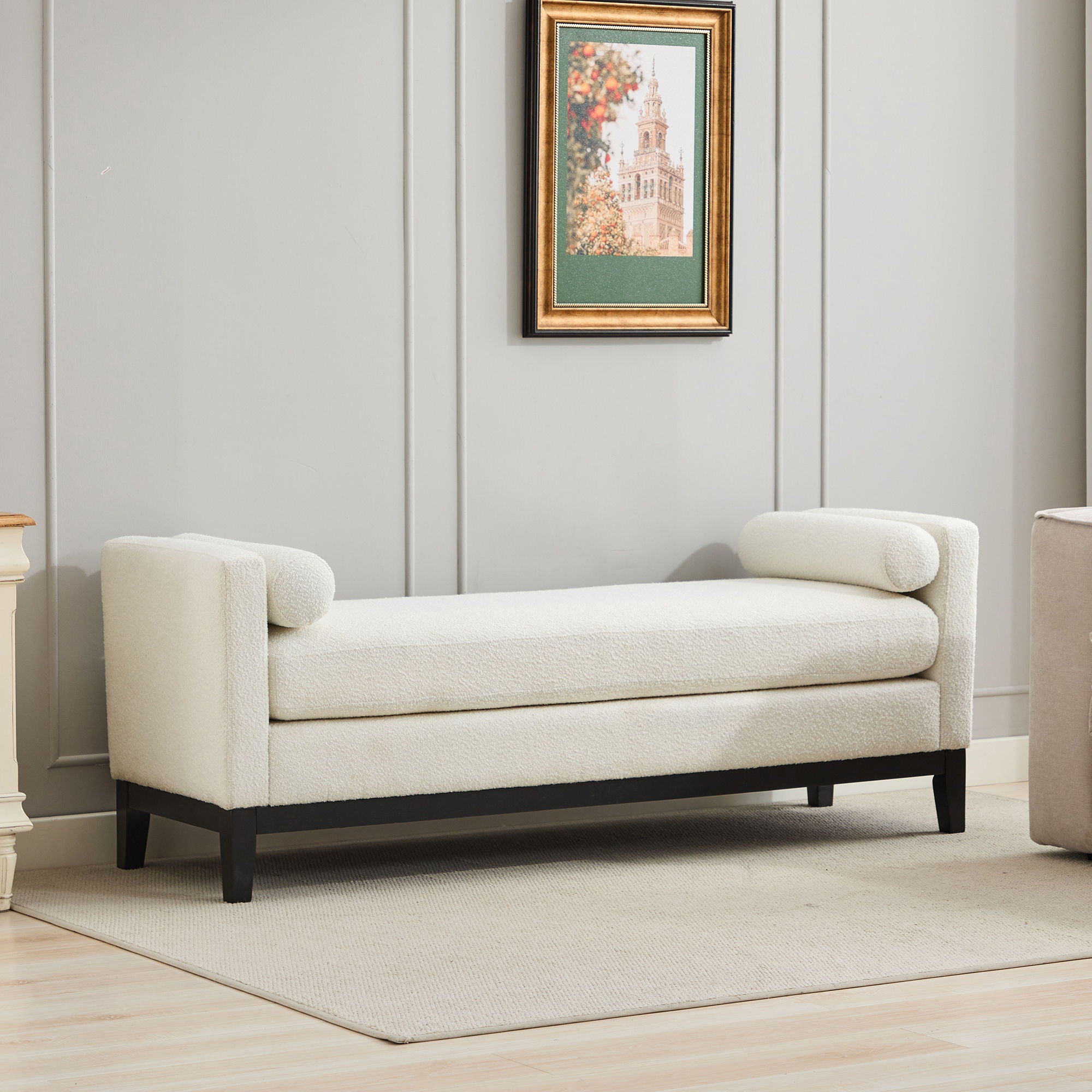 Elegant Upholstered Bench, Daybed, Ottoman With Wood Legs & Bolster Pillows - Ivory Boucle - Best Buy Furniture