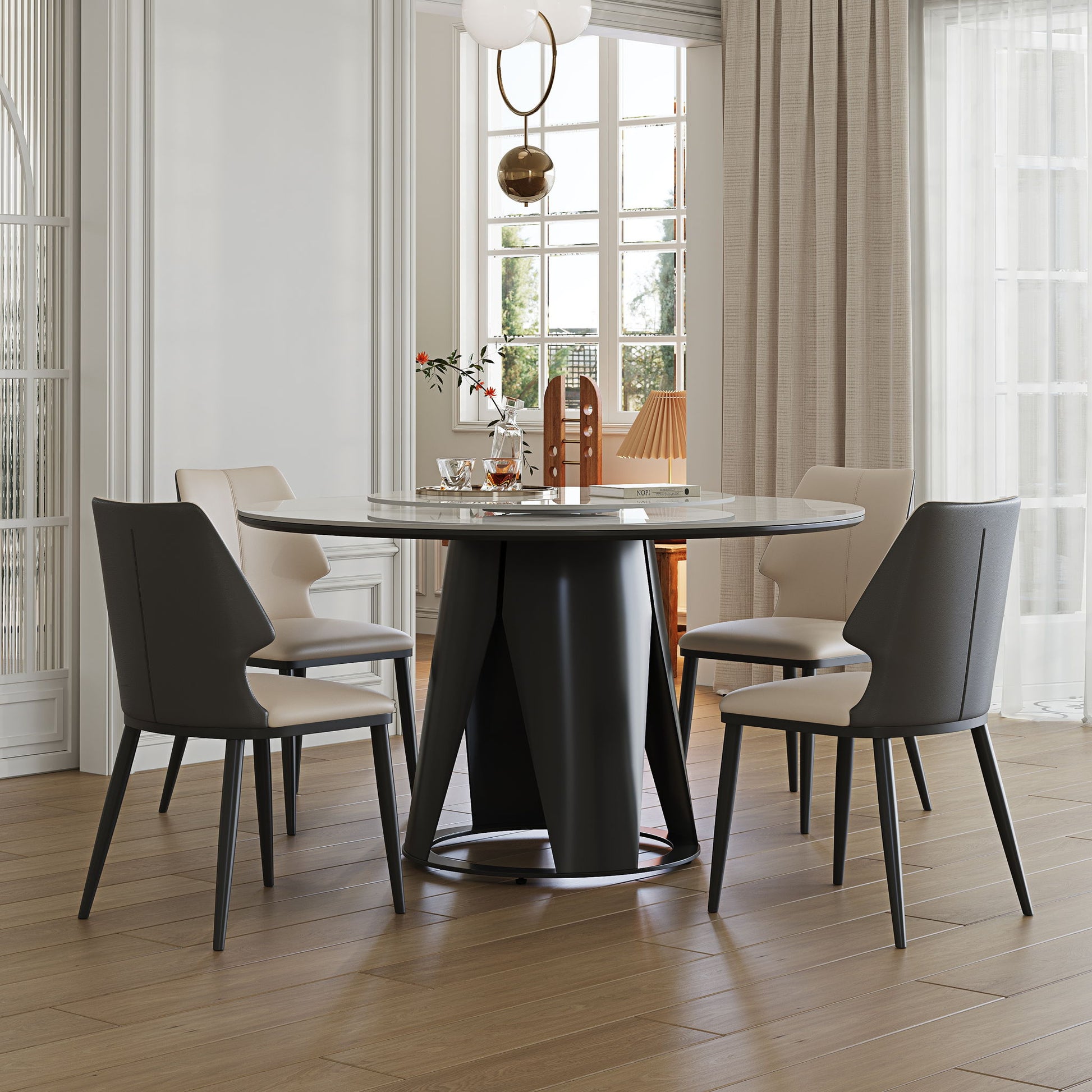 Modern Sintered Stone Dining Table With Round Turntable, Metal Pedestal, And Chairs - Best Buy Furniture