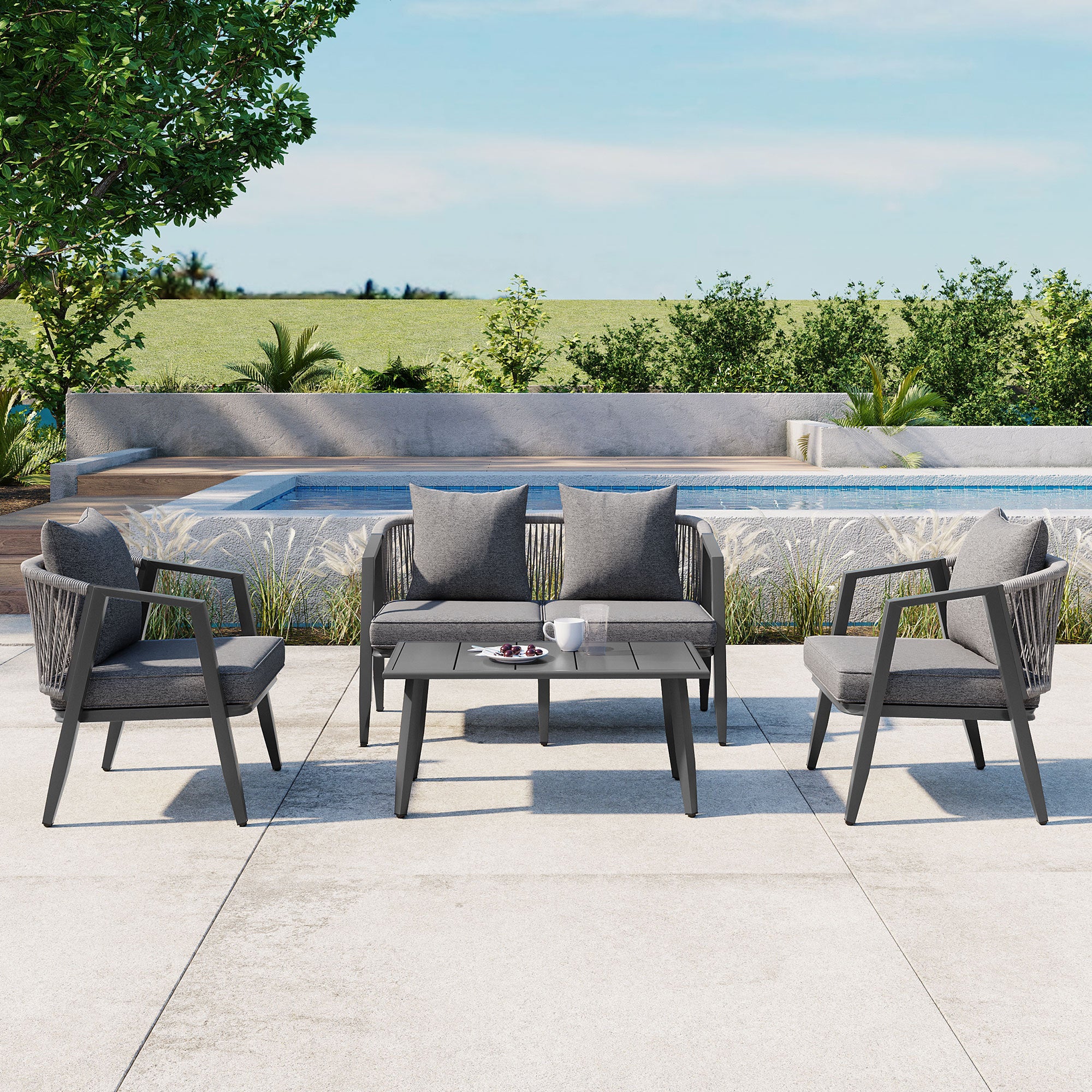 Santorini 4-Piece Outdoor Set in Black Iron with Grey Performance Cushions - Best Buy Furniture