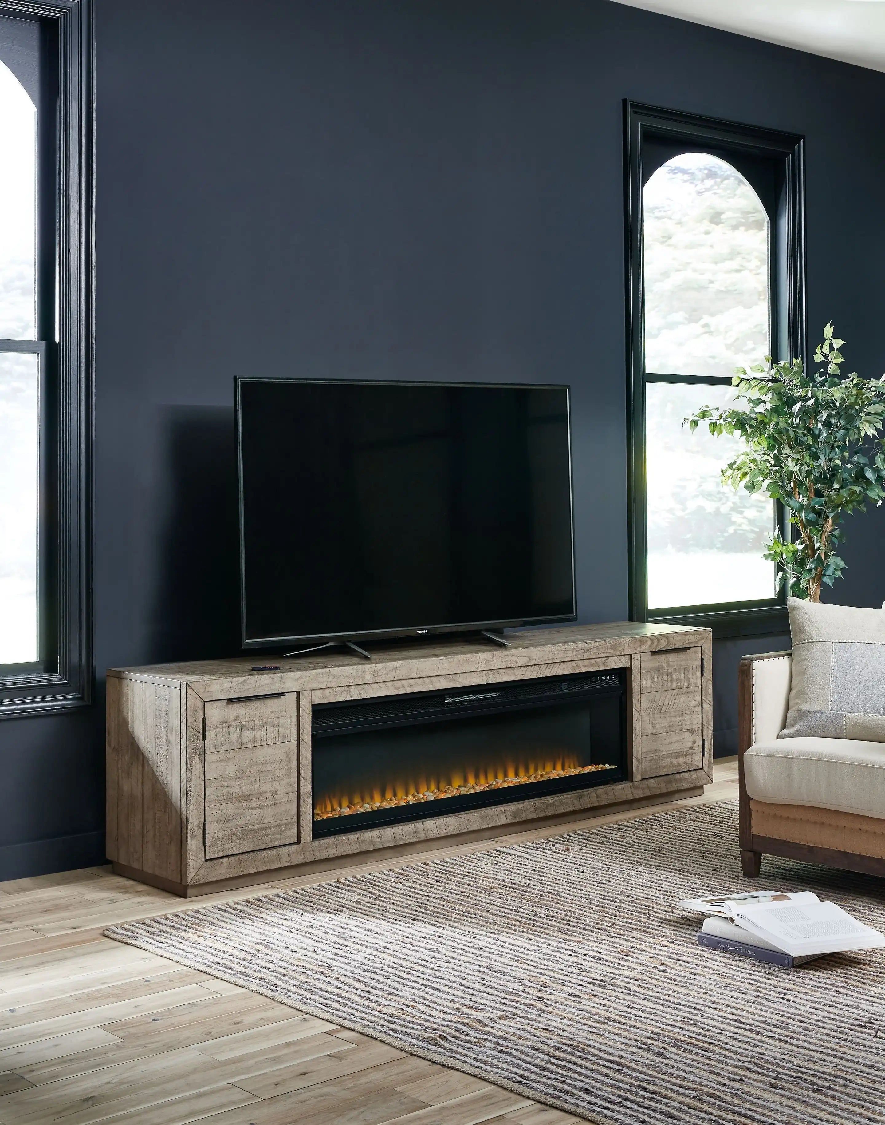 Krystanza - TV Stand with Wide Fireplace Insert - Weathered Gray - Best Buy Furniture