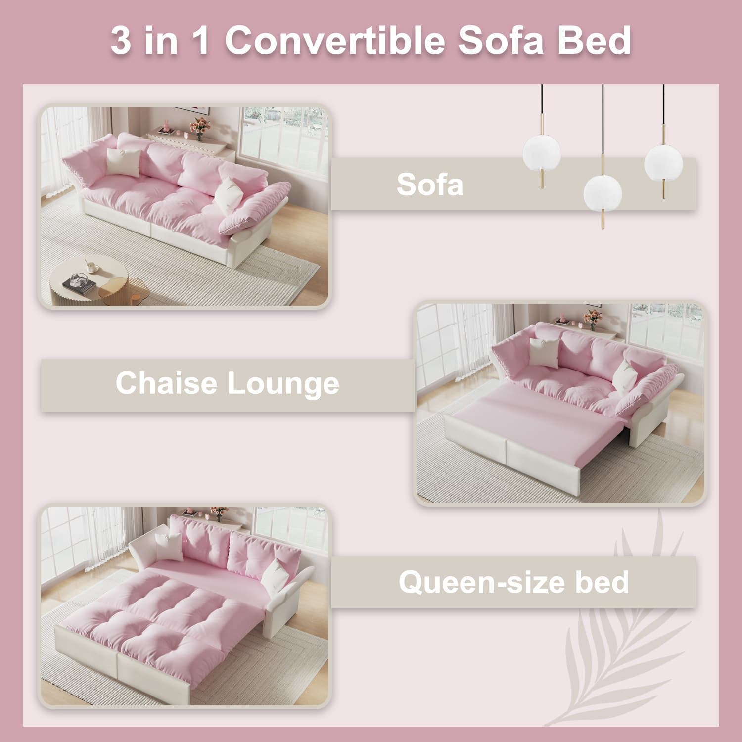Queen Pull Out, 3 In 1 Convertible Sleeper Tufted Sofa & 2 Soft Pillows
