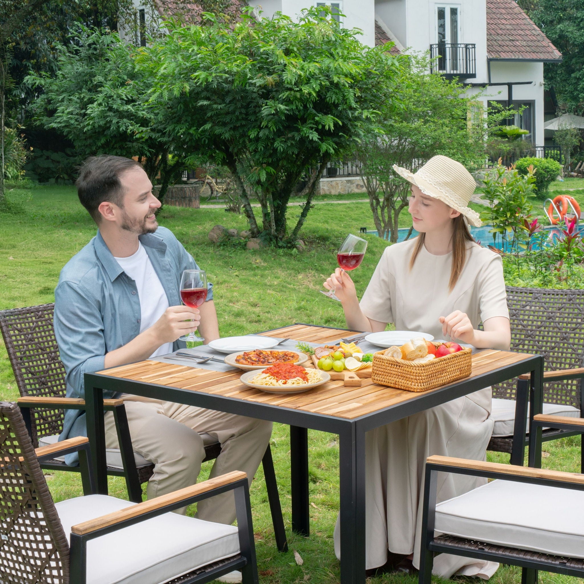 5 Piece Patio Dining Table Set, Acacia Wood Table Top With Umbrella Hole - Best Buy Furniture