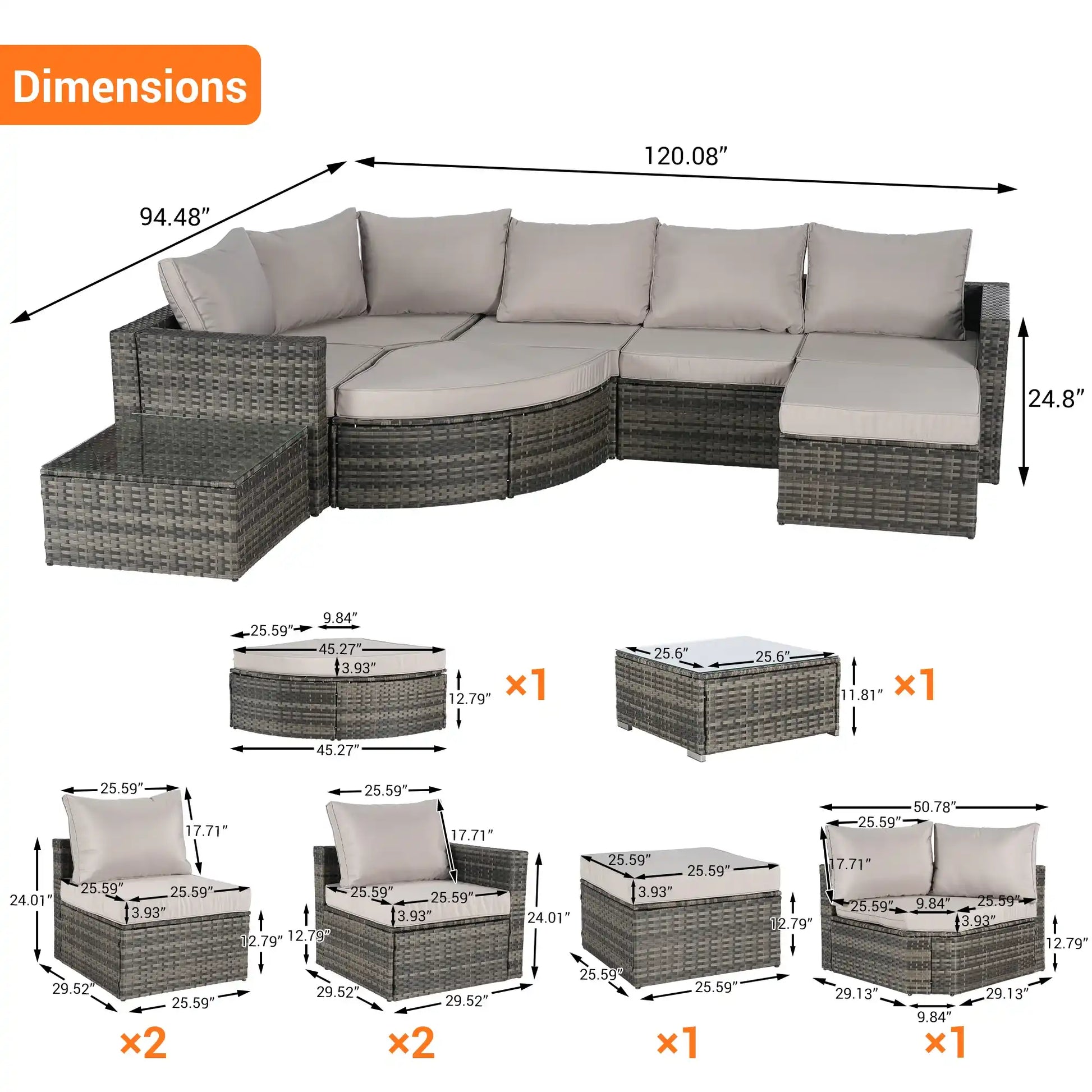 8 Piece L- Shaped Outdoor Patio Sofa Set with Ottoman & Glass Top Table - Best Buy Furniture