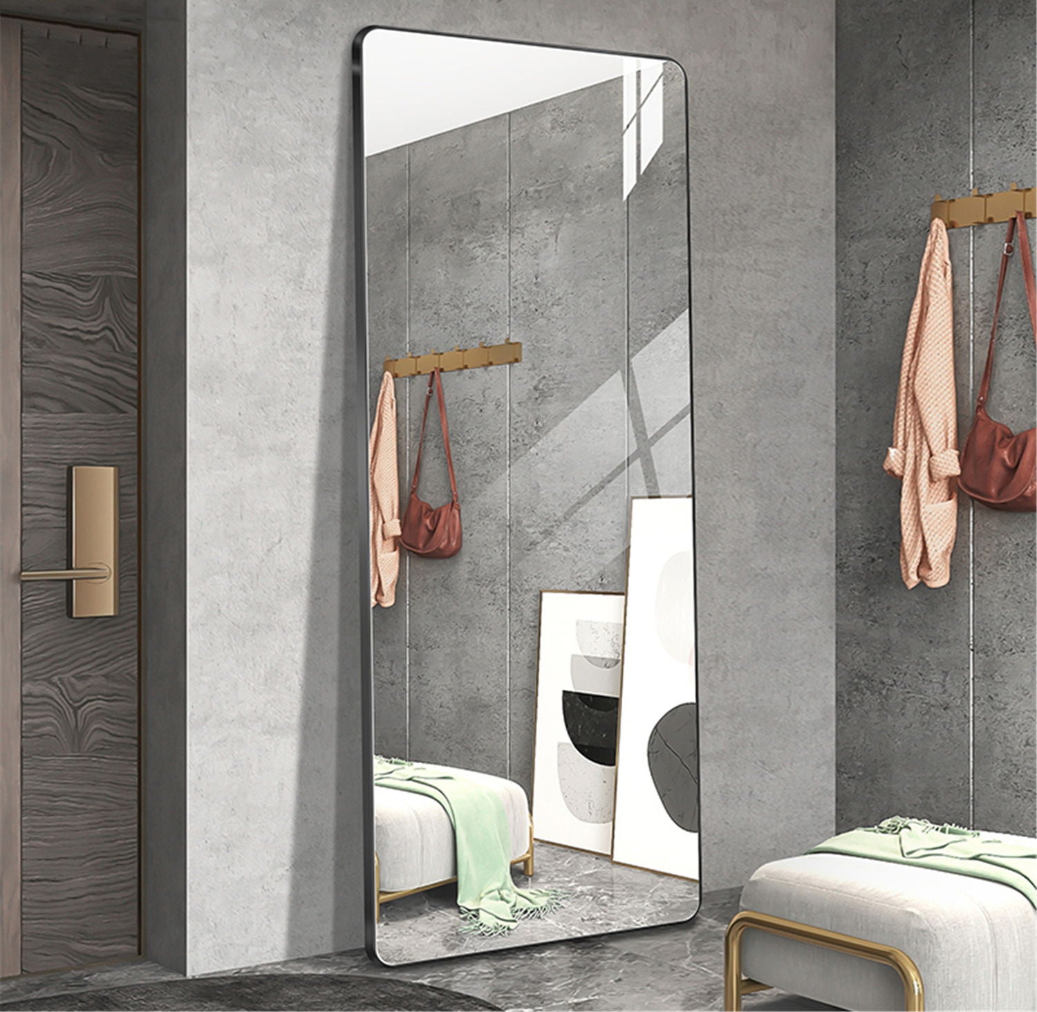 Aluminum Floor Mirror Full Length Mirrors Leaning Rounded Corner Rimless Standing Large Mirror Bedroom - Black / Silver - Best Buy Furniture