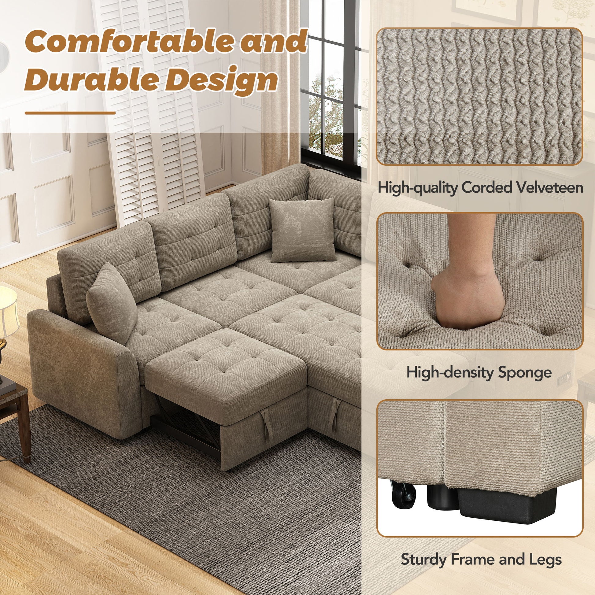 L-Shape Sofa Bed Pull-Out Sleeper Sofa With Wheels, USB Ports, Power Sockets For Living Room - Best Buy Furniture