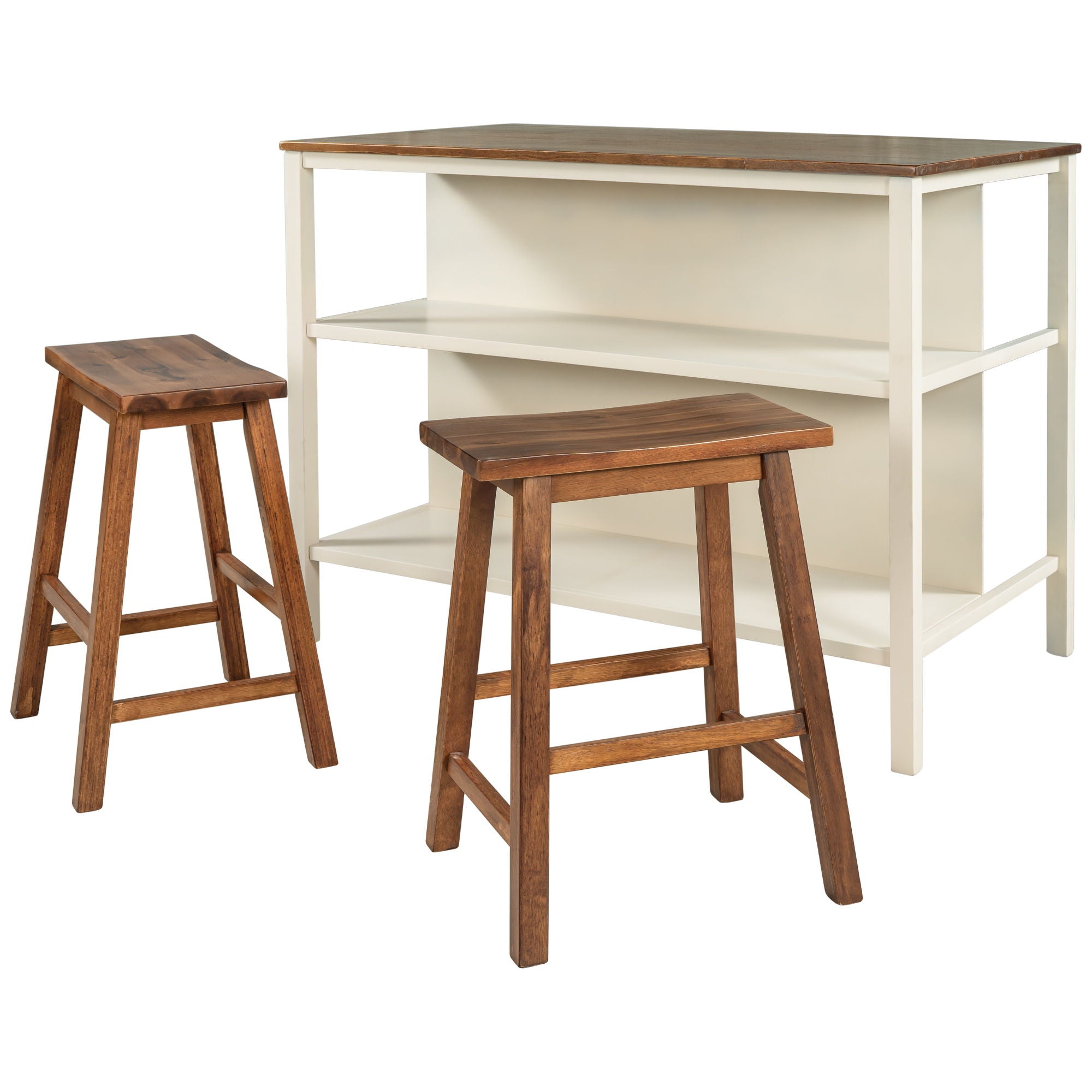 Rustic 3 Piece Stationary Kitchen Island Set With 2 Seatings, With 2 Open Shelves - Best Buy Furniture