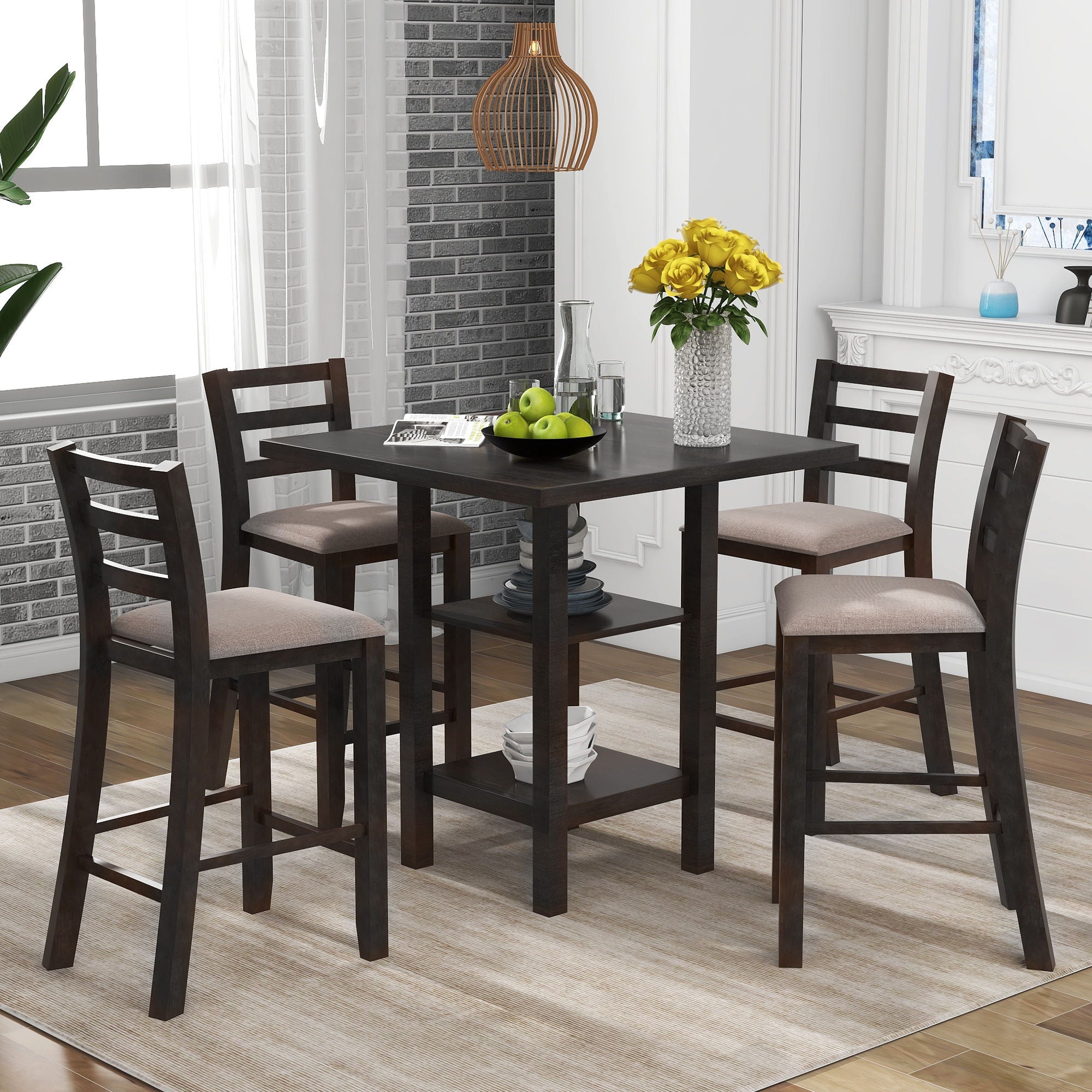 5 Piece Wooden Counter Height Dining Set With Padded Chairs, Storage Shelving - Best Buy Furniture