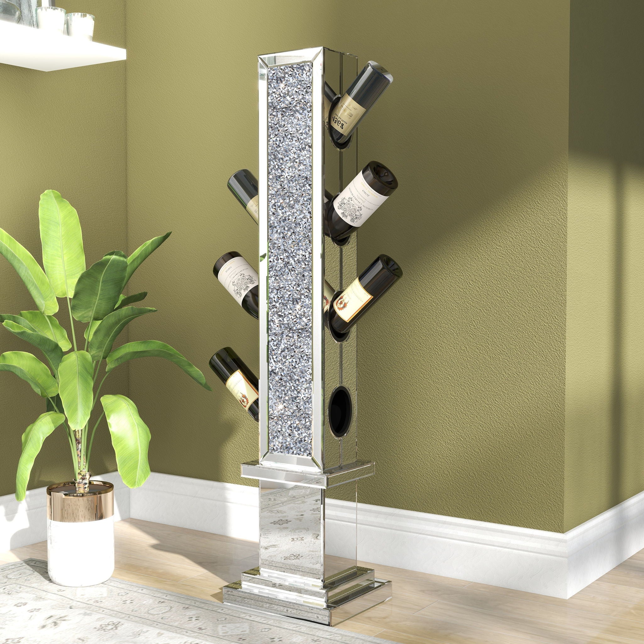 Crushed Diamond Floating Mirrored Wine Bottle Holder - Silver - Best Buy Furniture