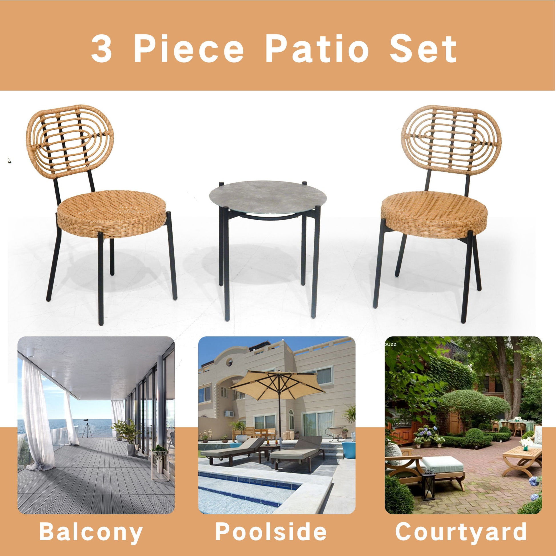 3 Pieces Of Luxury Outdoor Wicker Furniture Patio Bistro Style Table And Chair Combination, Weather Resistant PE Wicker Weave, Suitable For Garden - Black / Natural - Best Buy Furniture