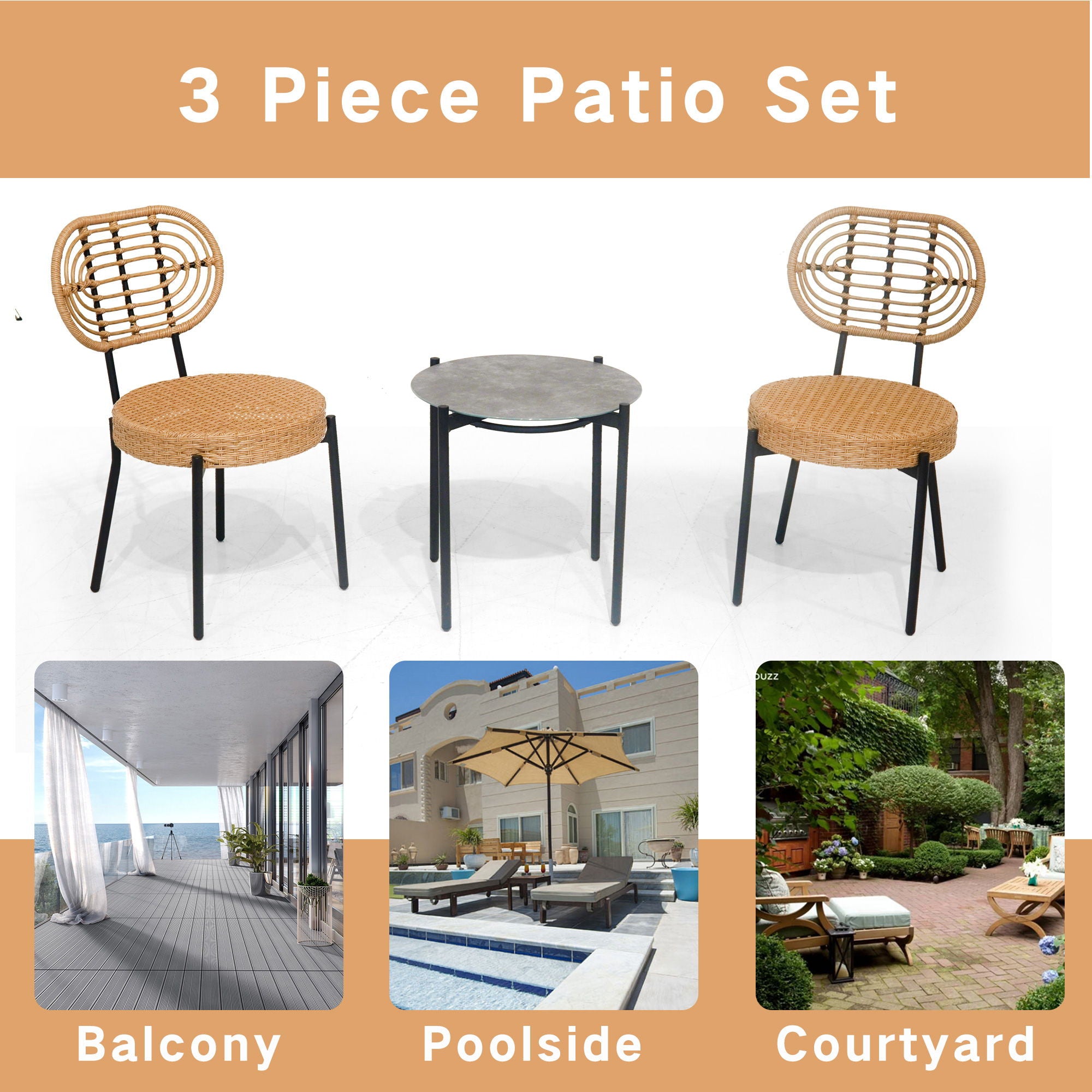 3 Pieces Of Luxury Outdoor Wicker Furniture Patio Bistro Style Table And Chair Combination, Weather Resistant PE Wicker Weave, Suitable For Garden - Black / Natural - Best Buy Furniture