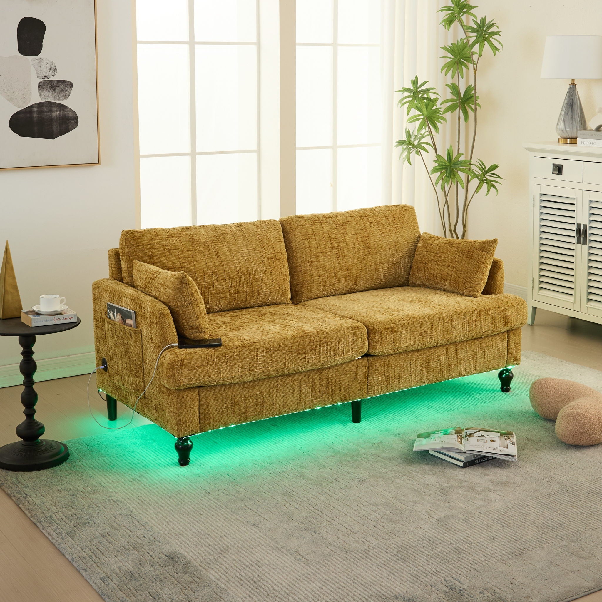 Chenille 2 Seater Sofa With LED Light, USB Charging Port, And Storage Bag - Best Buy Furniture