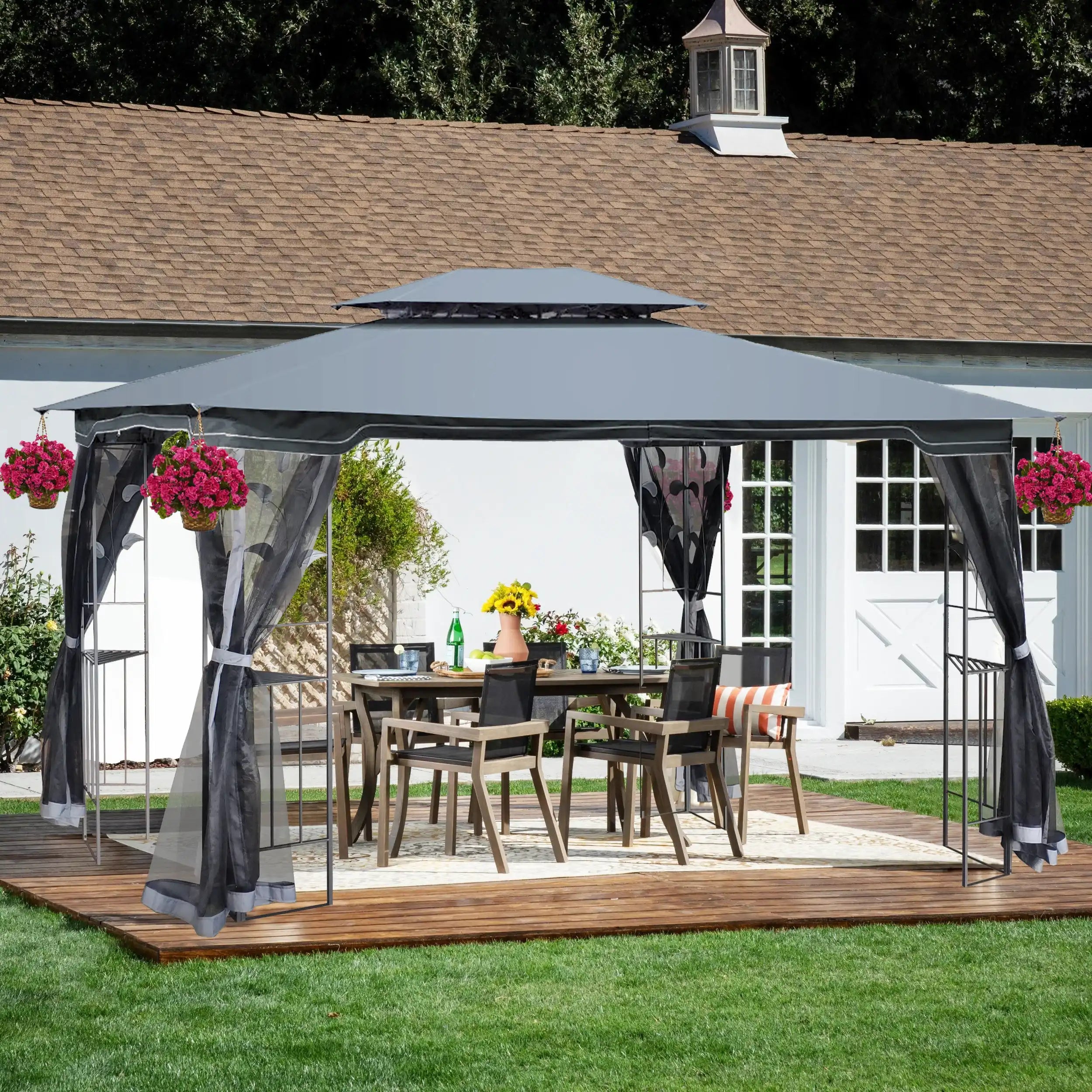 13x10 Gray Outdoor Patio Gazebo with Ventilated Double Roof - Best Buy Furniture