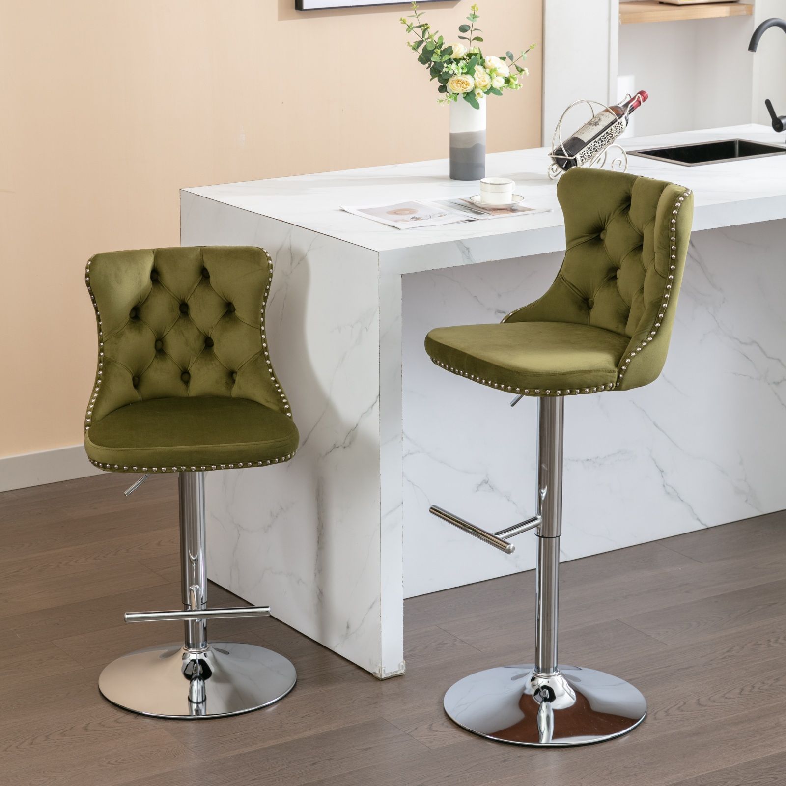Swivel Velvet Barstools Adjusatble Seat Height From 25-33", Modern Upholstered Chrome Base Bar Stools With Backs Comfortable Tufted For Home Pub And Kitchen Island (Set of 2) - Best Buy Furniture