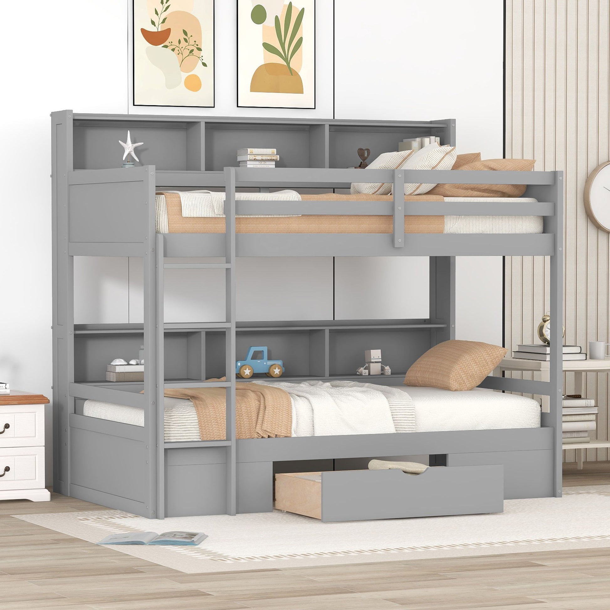 Twin Size Bunk Bed With Built-In Shelves Beside Both Upper And Down Bed And Storage Drawer - Best Buy Furniture
