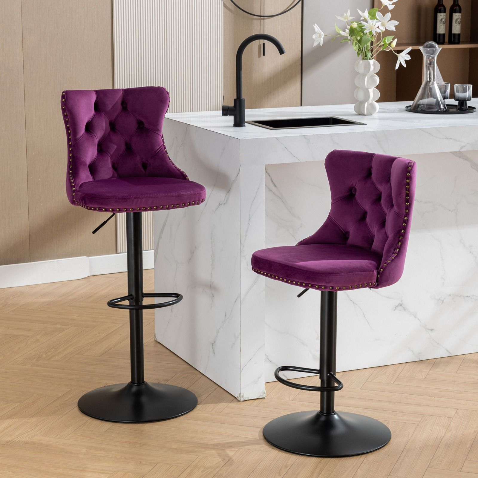 Swivel Velvet Barstools Adjusatble Seat Height, Modern Upholstered Bar Stools With Backs Comfortable Tufted For Home Pub And Kitchen Island (Set of 2) - Best Buy Furniture