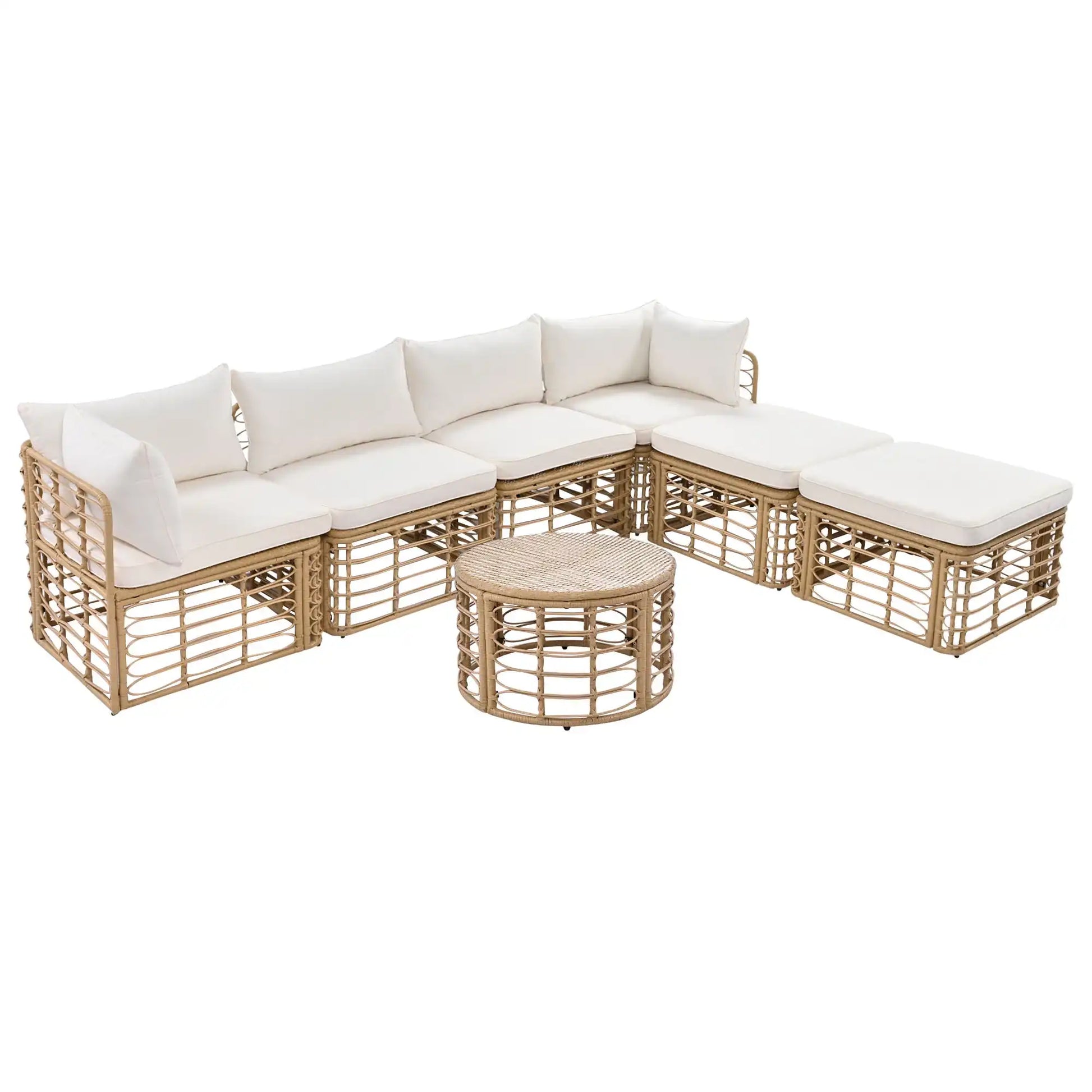 7 Piece Rattan Sectional Sofa Set, Outdoor Patio Furniture, Beige - Best Buy Furniture