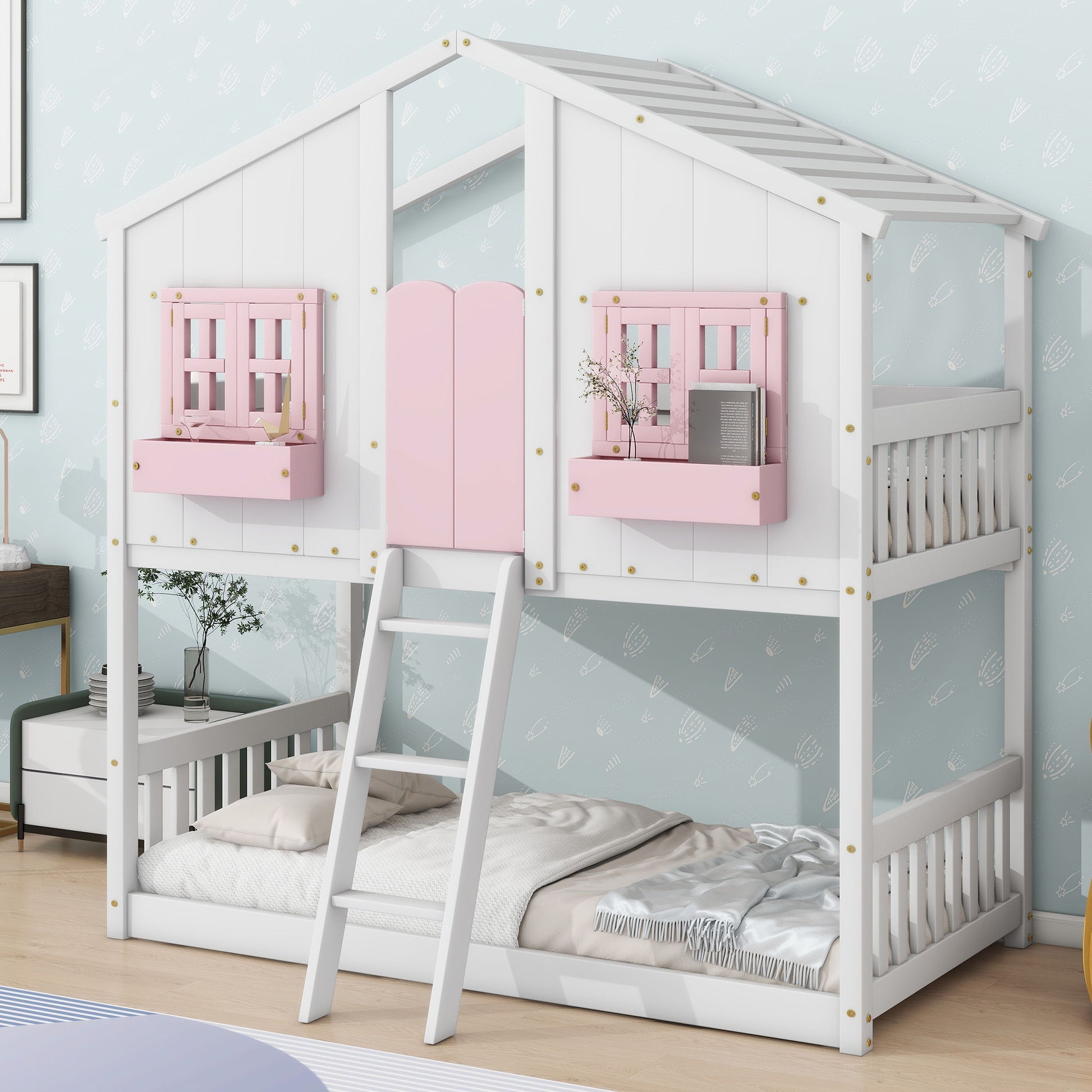 House Bunk Bed With Roof, Window, Window Box, Door, With Safety Guardrails And Ladder - Best Buy Furniture