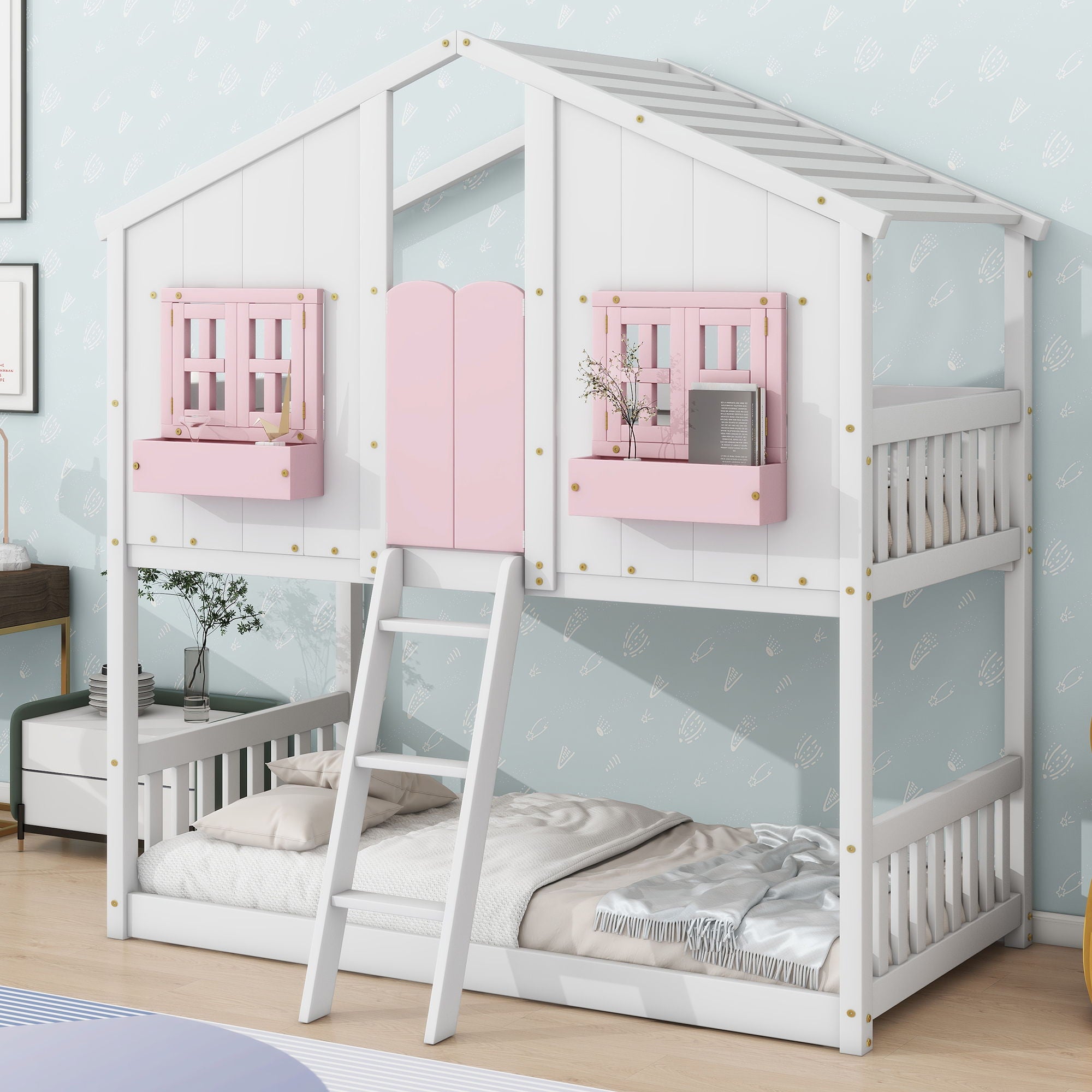 House Bunk Bed With Roof, Window, Window Box, Door, With Safety Guardrails And Ladder - Best Buy Furniture