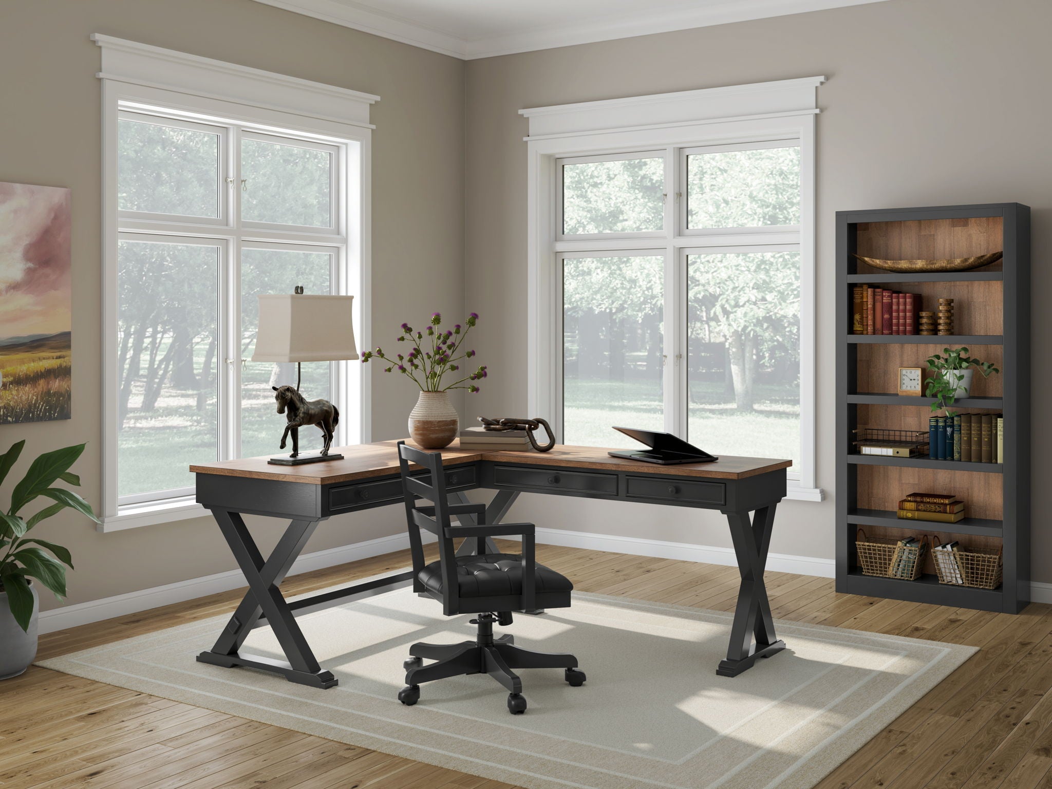 Wildenauer - 4 Pc. - Home Office Desk And Return, Swivel Desk Chair, Bookcase - Brown / Black - Best Buy Furniture