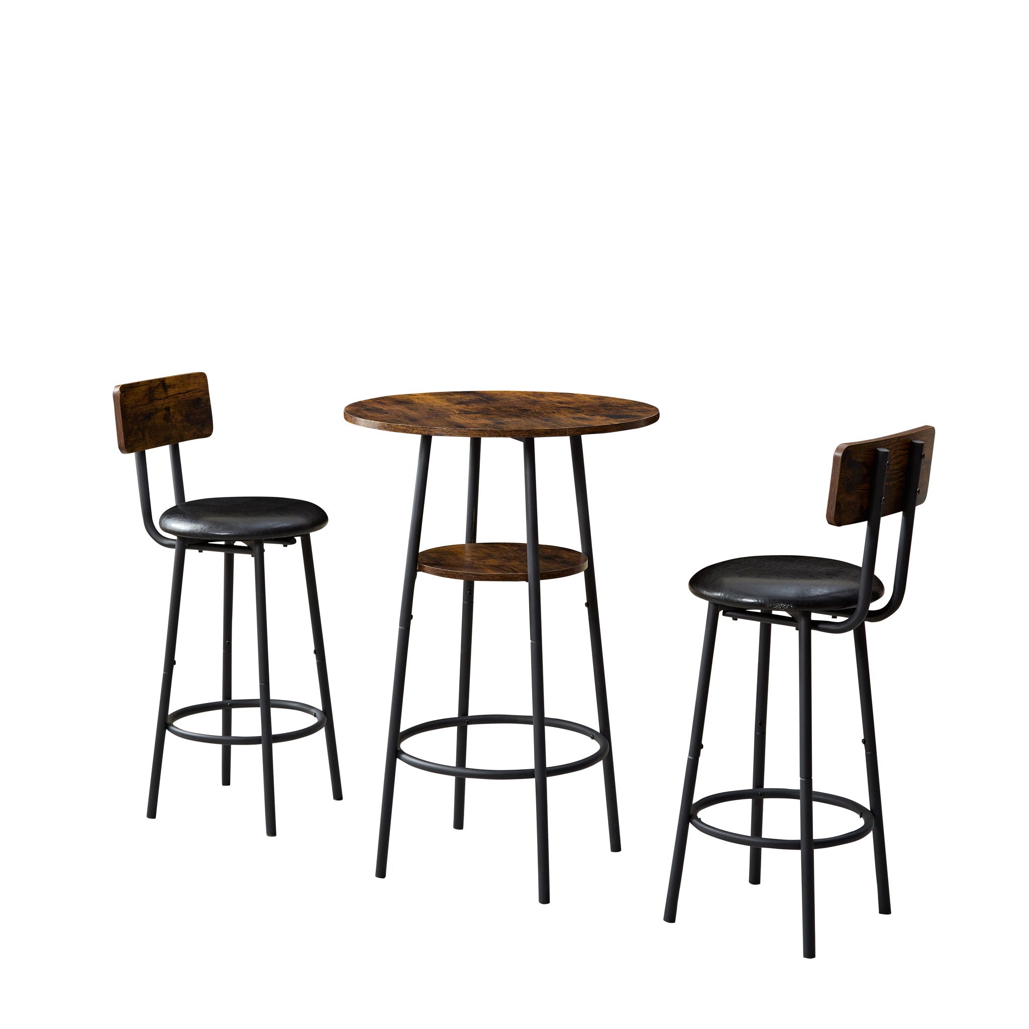 3 Piece Round Dining Table, Two-Level Small Dining Table With Storage, Bar Table, Two Upholstered Bar Chairs With Backrest - Antique Brown / Black - Best Buy Furniture