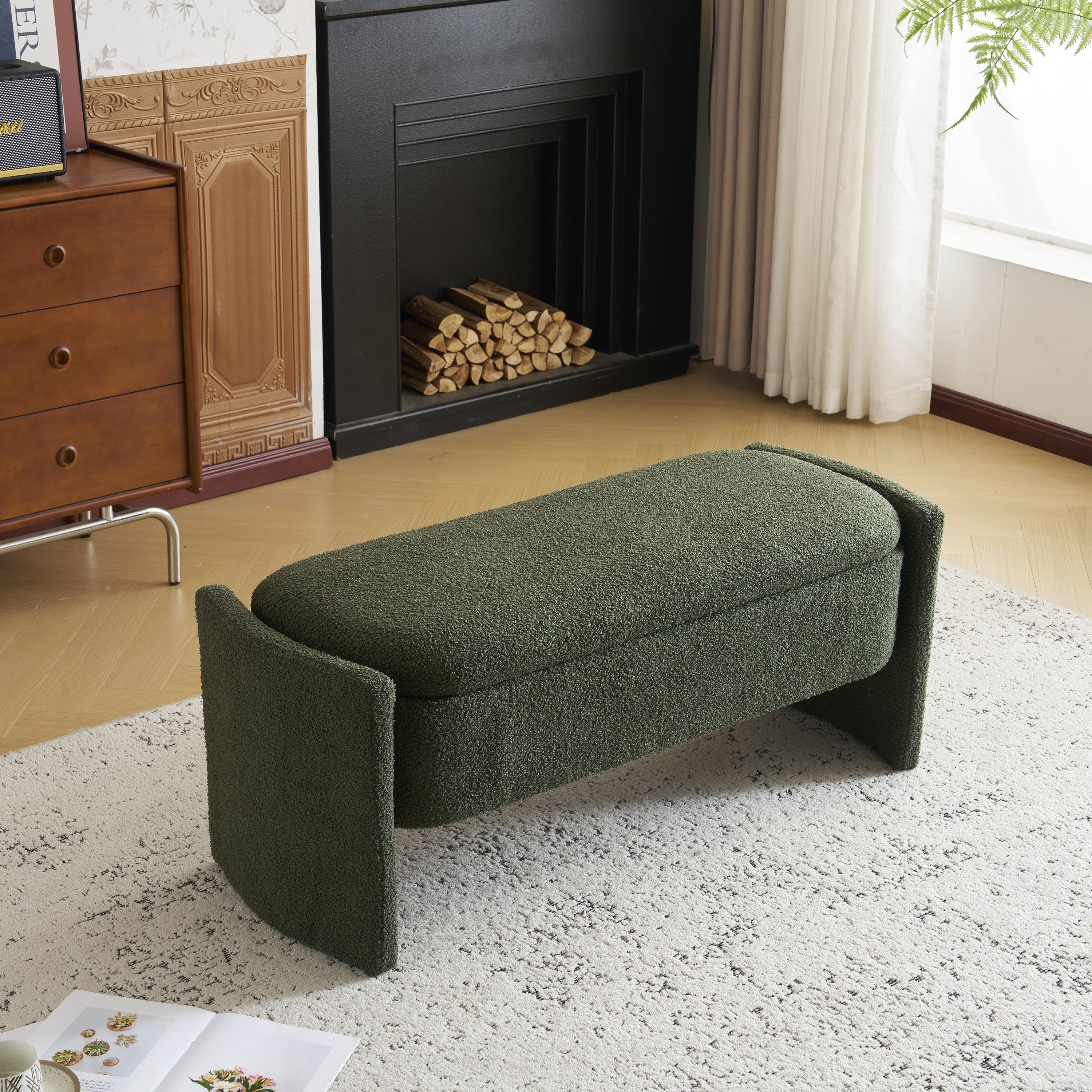 Elegant Long-shaped Storage Ottoman Bench, Boucle Material, Dark Green, Simple and Grand Design - Best Buy Furniture