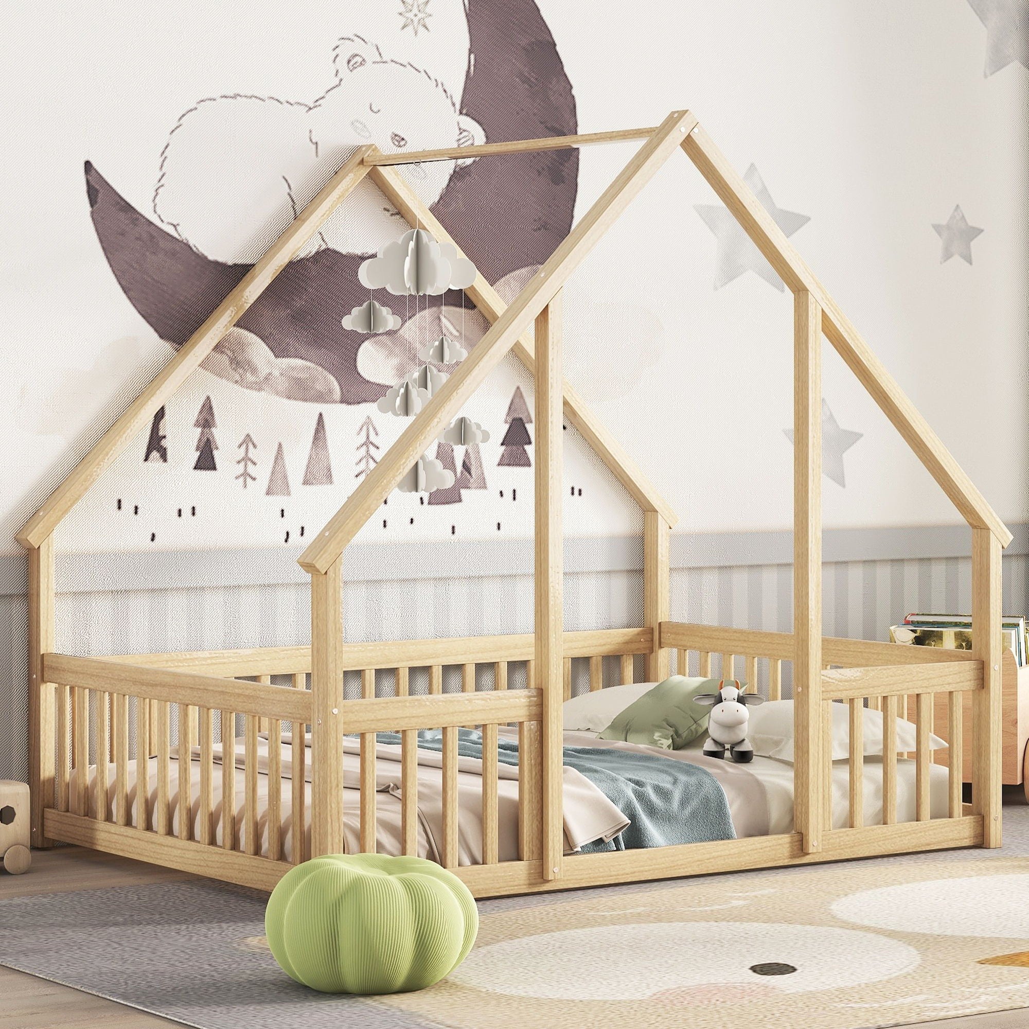 Wood House-Shaped Floor Bed With Fence, Guardrails - Best Buy Furniture